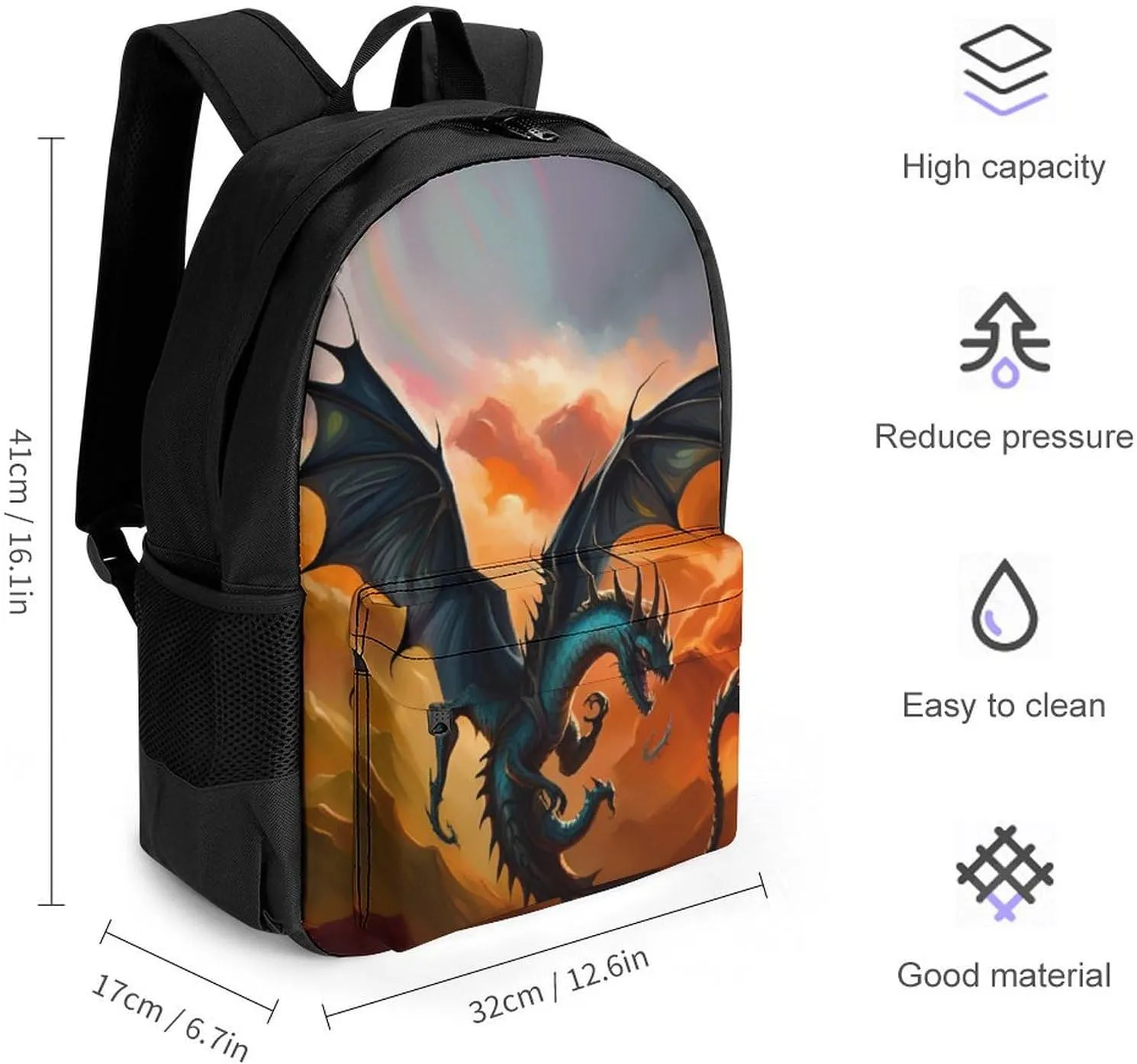 Polyester Daypack Backpack for Trekking Picnic Walking Cycling - Large Capacity Anti-Theft Multipurpose Shoulder Bag, Fantasy Dragon Fire Cool Art Casual Daypack