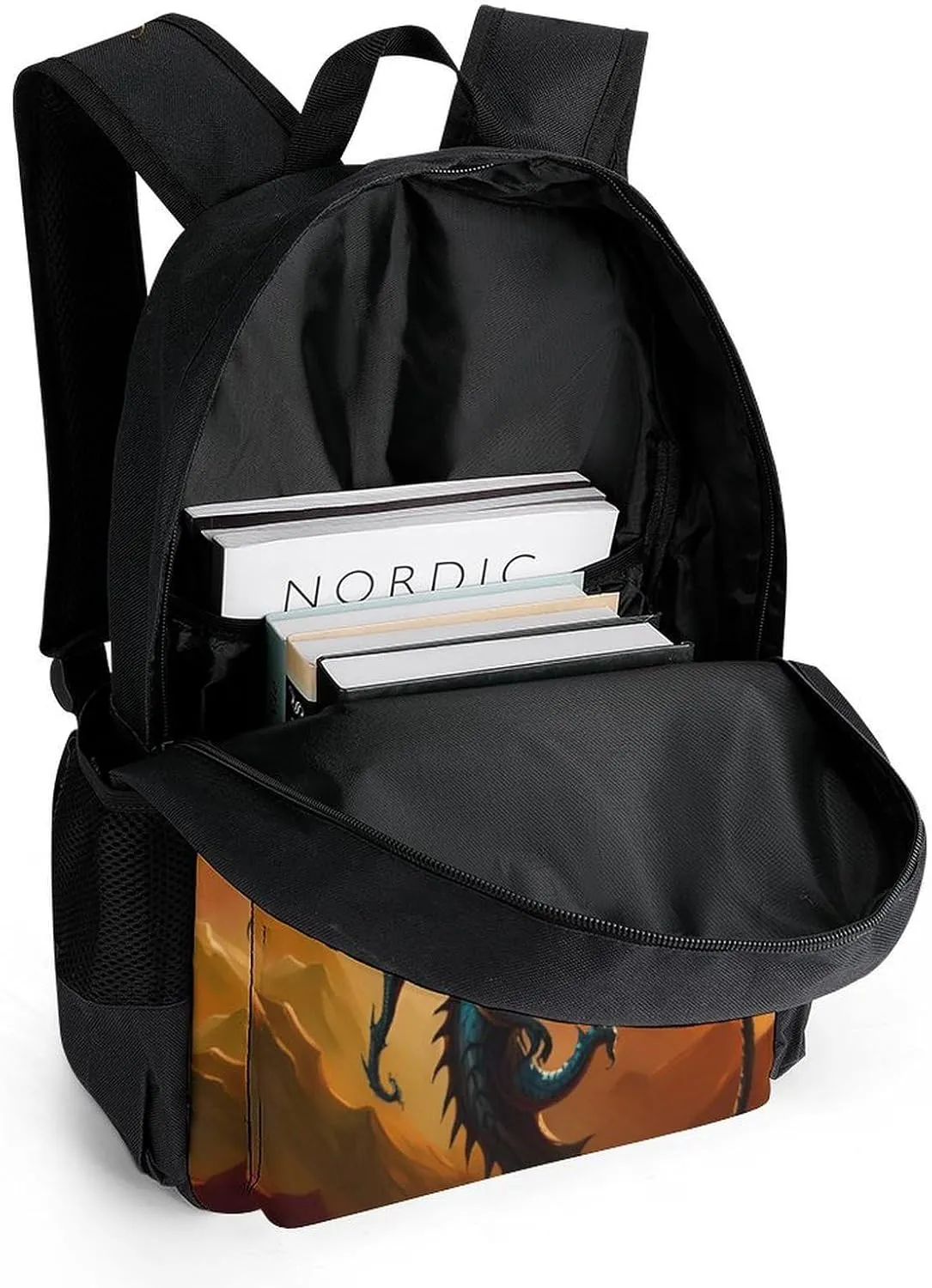Polyester Daypack Backpack for Trekking Picnic Walking Cycling - Large Capacity Anti-Theft Multipurpose Shoulder Bag, Fantasy Dragon Fire Cool Art Casual Daypack