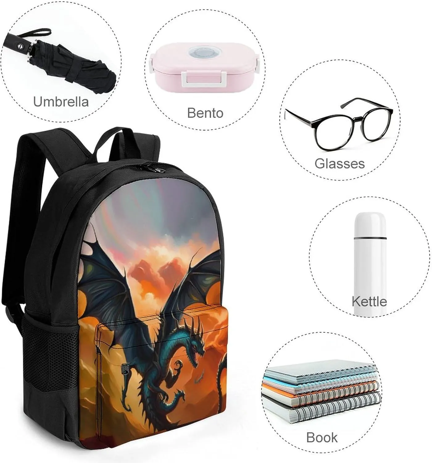 Polyester Daypack Backpack for Trekking Picnic Walking Cycling - Large Capacity Anti-Theft Multipurpose Shoulder Bag, Fantasy Dragon Fire Cool Art Casual Daypack