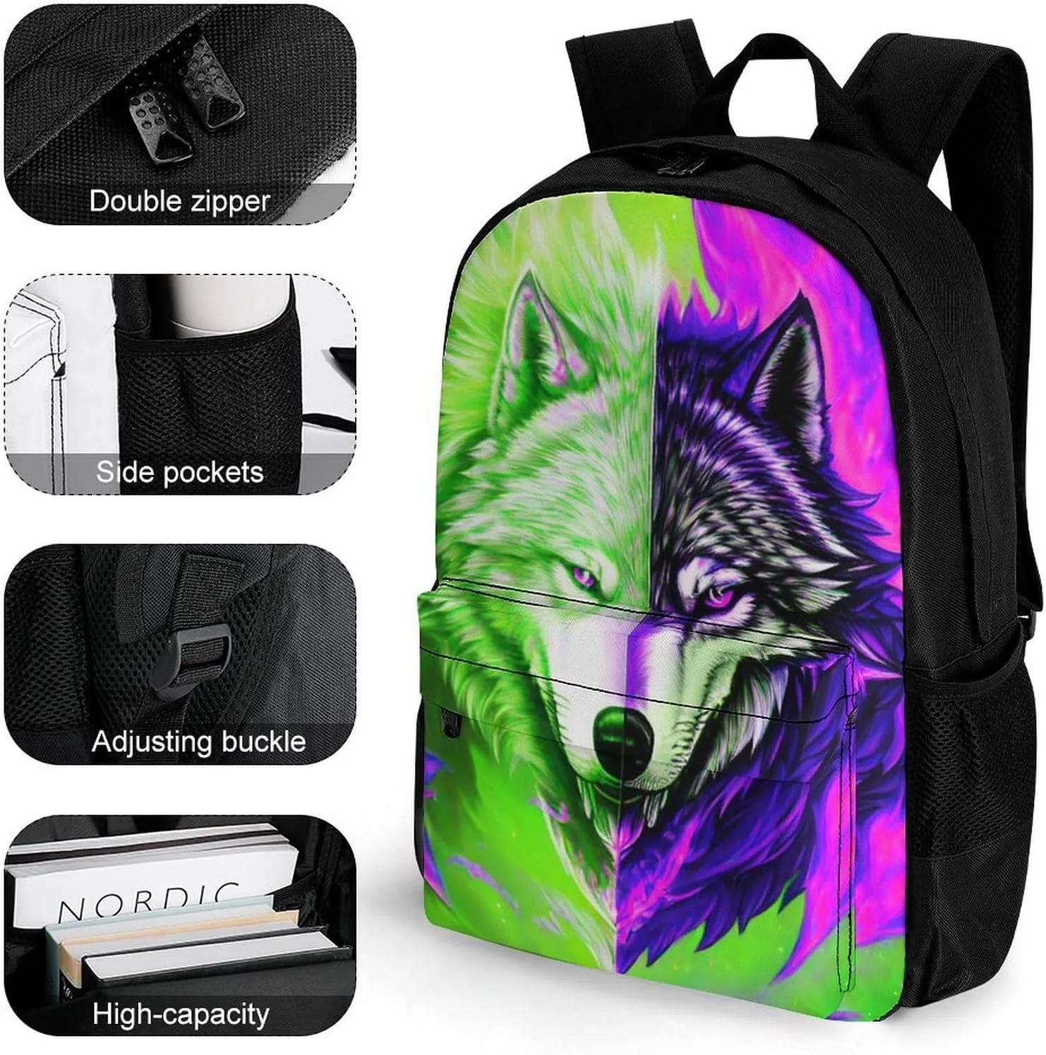 Polyester Daypack Backpack for Trekking Picnic Walking Cycling - Large Capacity Anti-Theft Multipurpose Shoulder Bag, Ice And Fire Flaming Cool Wolf Art Casual Daypack