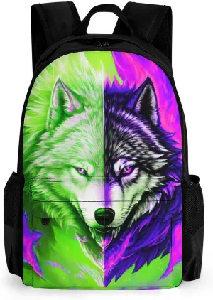 Polyester Daypack Backpack for Trekking Picnic Walking Cycling - Large Capacity Anti-Theft Multipurpose Shoulder Bag, Ice And Fire Flaming Cool Wolf Art Casual Daypack