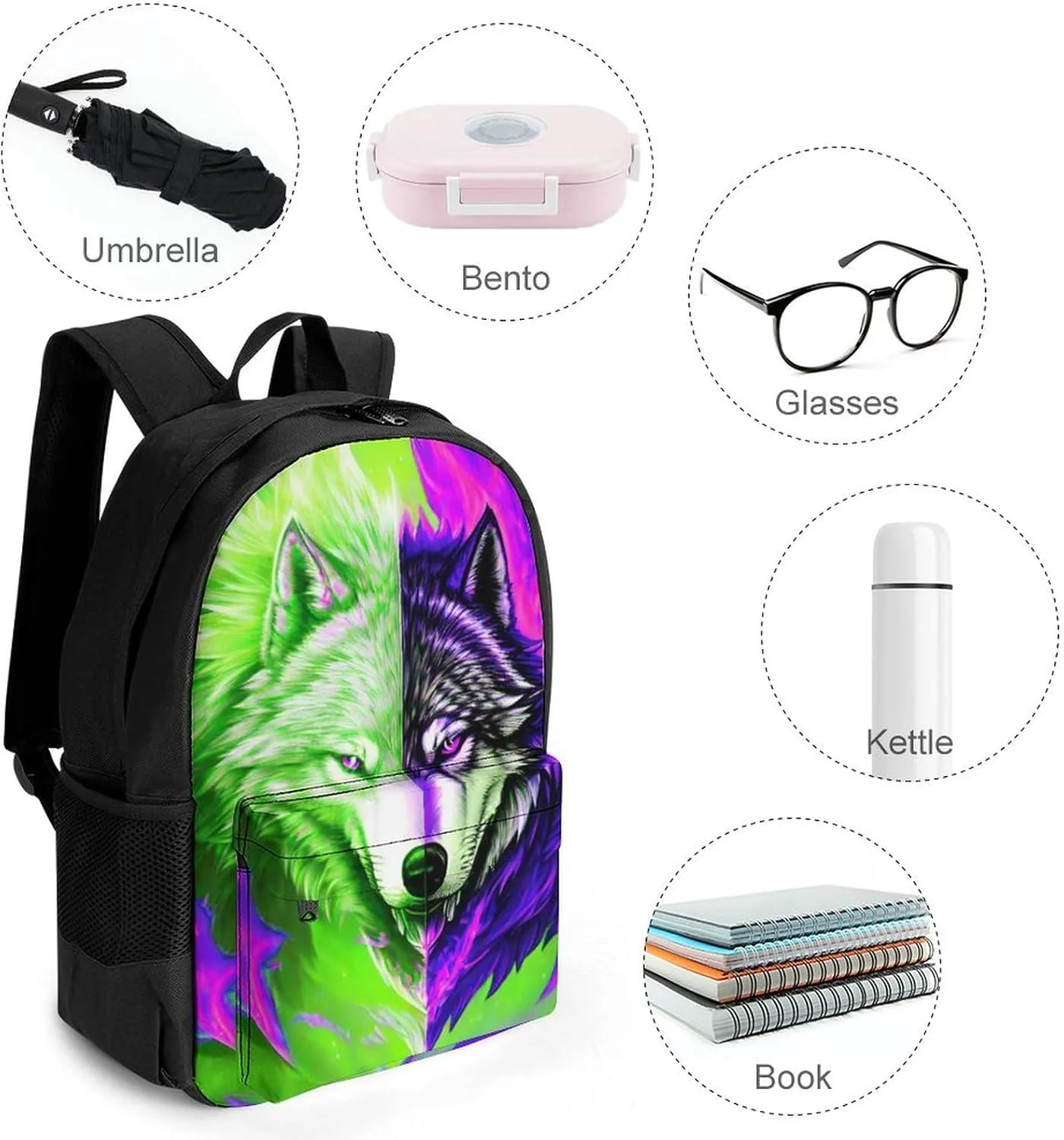 Polyester Daypack Backpack for Trekking Picnic Walking Cycling - Large Capacity Anti-Theft Multipurpose Shoulder Bag, Ice And Fire Flaming Cool Wolf Art Casual Daypack