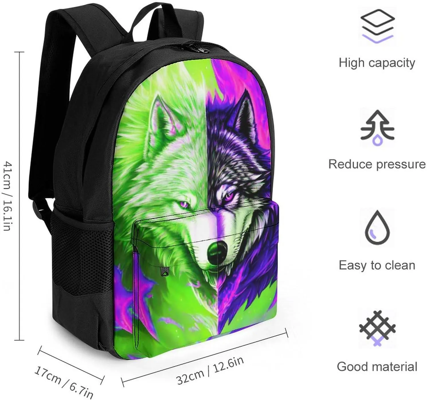 Polyester Daypack Backpack for Trekking Picnic Walking Cycling - Large Capacity Anti-Theft Multipurpose Shoulder Bag, Ice And Fire Flaming Cool Wolf Art Casual Daypack