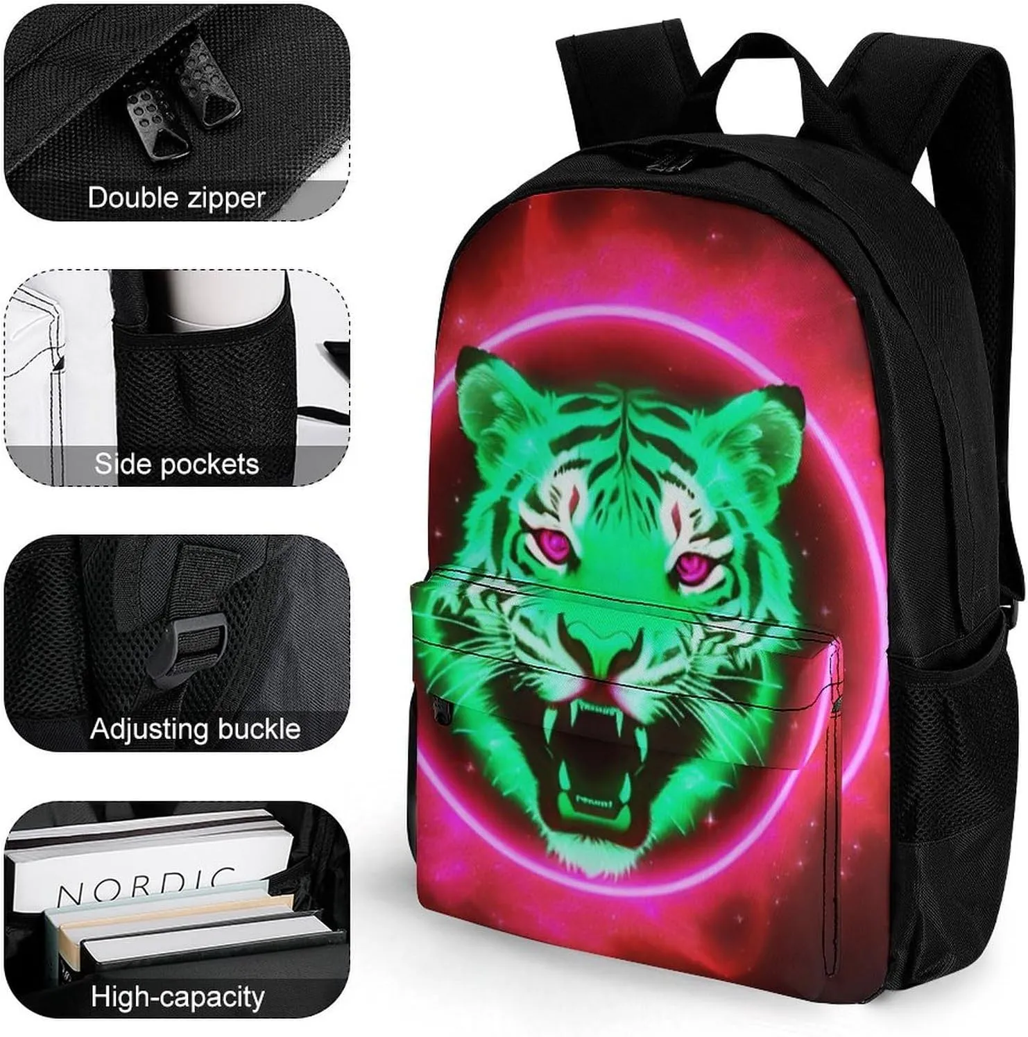 Polyester Daypack Backpack for Trekking Picnic Walking Cycling - Large Capacity Anti-Theft Multipurpose Shoulder Bag, Space Tiger Psychedelic Red Fire Art Casual Daypack