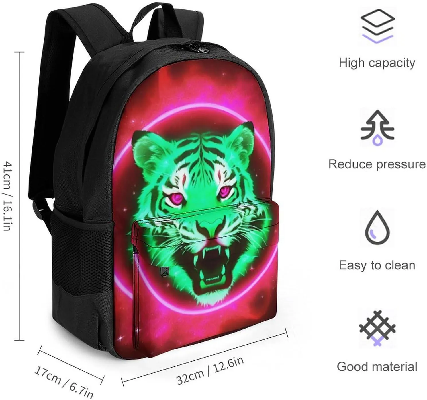 Polyester Daypack Backpack for Trekking Picnic Walking Cycling - Large Capacity Anti-Theft Multipurpose Shoulder Bag, Space Tiger Psychedelic Red Fire Art Casual Daypack