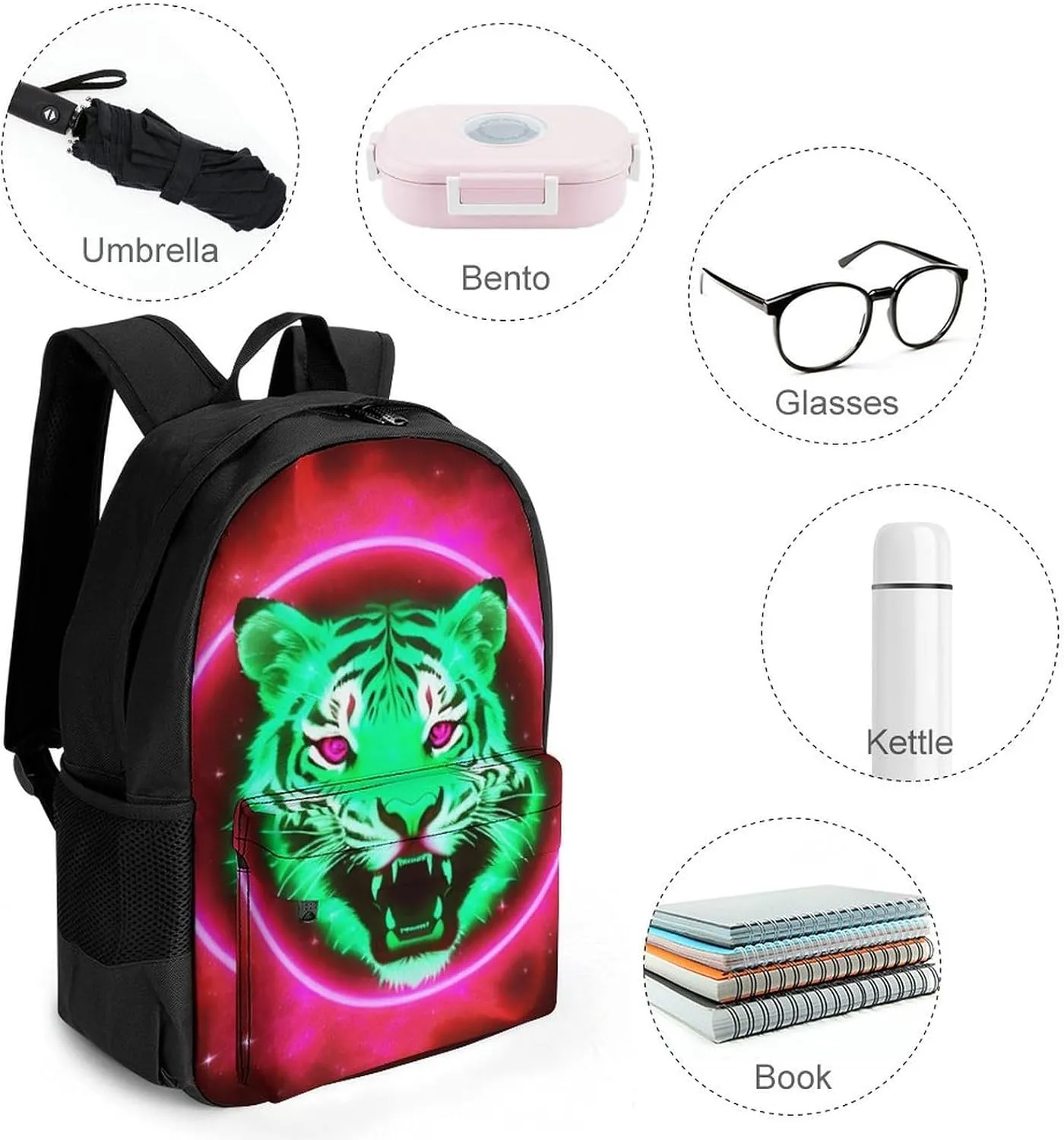 Polyester Daypack Backpack for Trekking Picnic Walking Cycling - Large Capacity Anti-Theft Multipurpose Shoulder Bag, Space Tiger Psychedelic Red Fire Art Casual Daypack