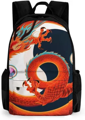 Polyester Daypack Backpack for Trekking Picnic Walking Cycling - Large Capacity Anti-Theft Multipurpose Shoulder Bag, Yin Yang Dragon Art Casual Daypack