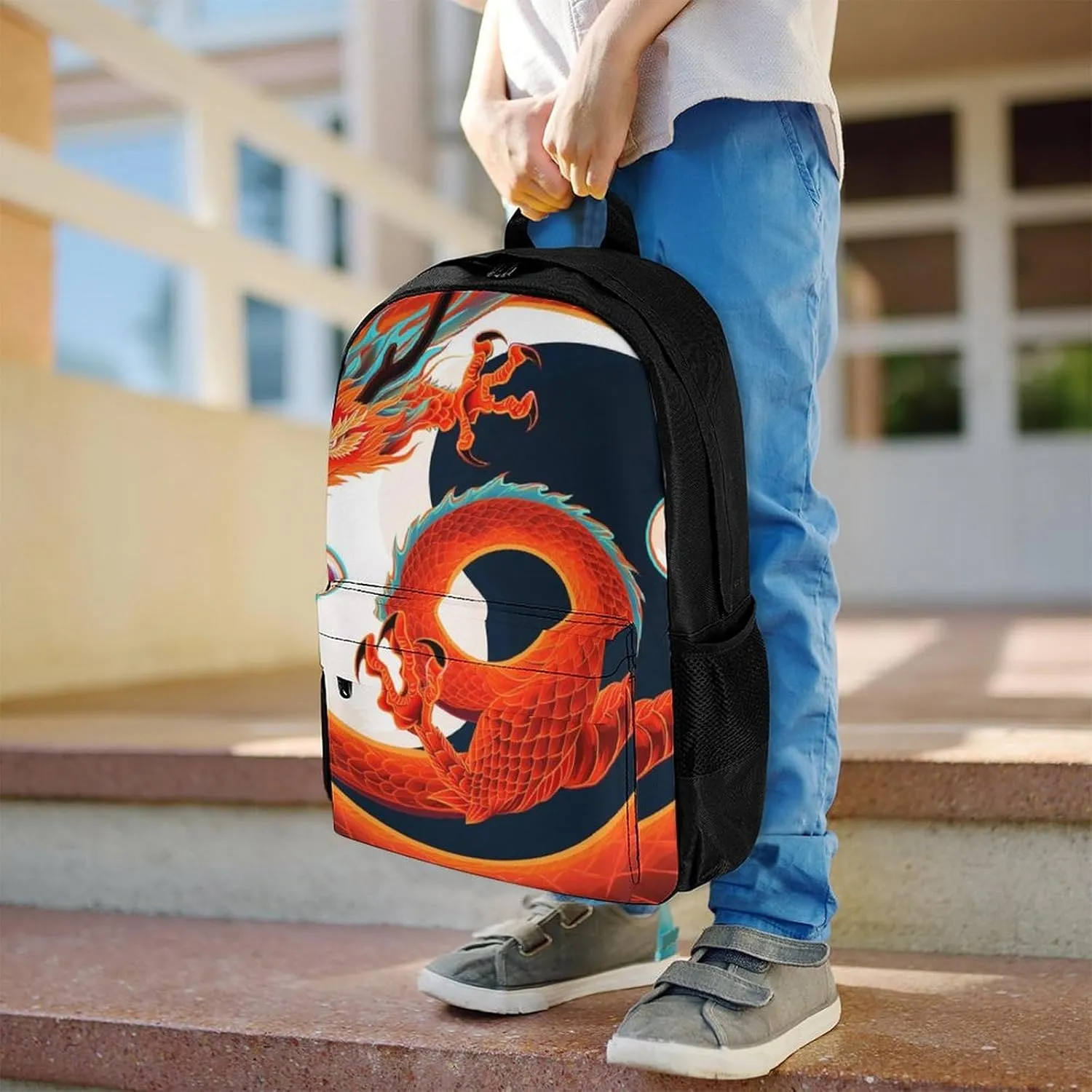 Polyester Daypack Backpack for Trekking Picnic Walking Cycling - Large Capacity Anti-Theft Multipurpose Shoulder Bag, Yin Yang Dragon Art Casual Daypack