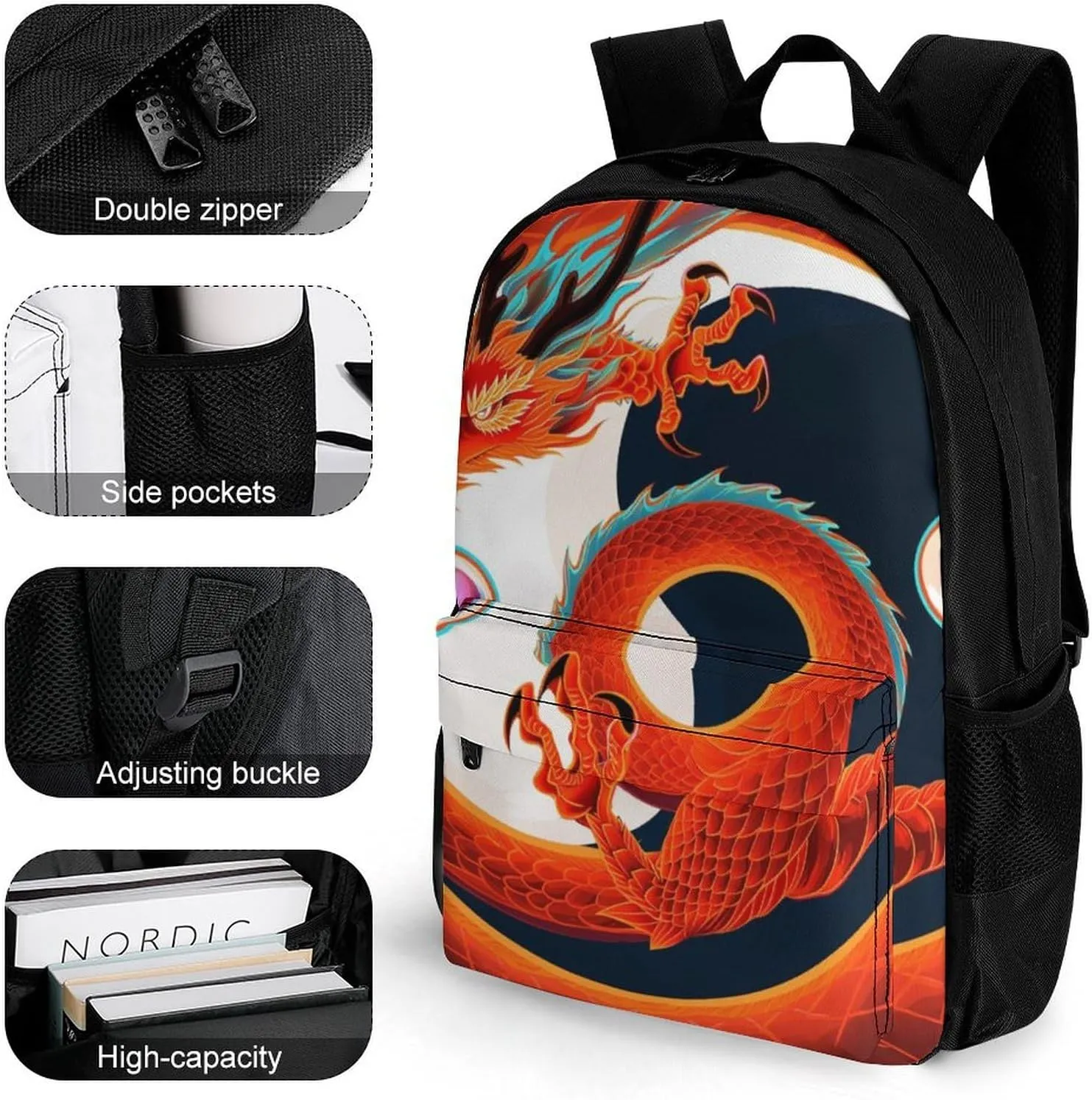 Polyester Daypack Backpack for Trekking Picnic Walking Cycling - Large Capacity Anti-Theft Multipurpose Shoulder Bag, Yin Yang Dragon Art Casual Daypack