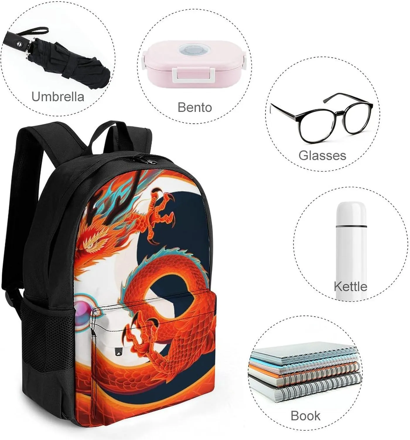 Polyester Daypack Backpack for Trekking Picnic Walking Cycling - Large Capacity Anti-Theft Multipurpose Shoulder Bag, Yin Yang Dragon Art Casual Daypack