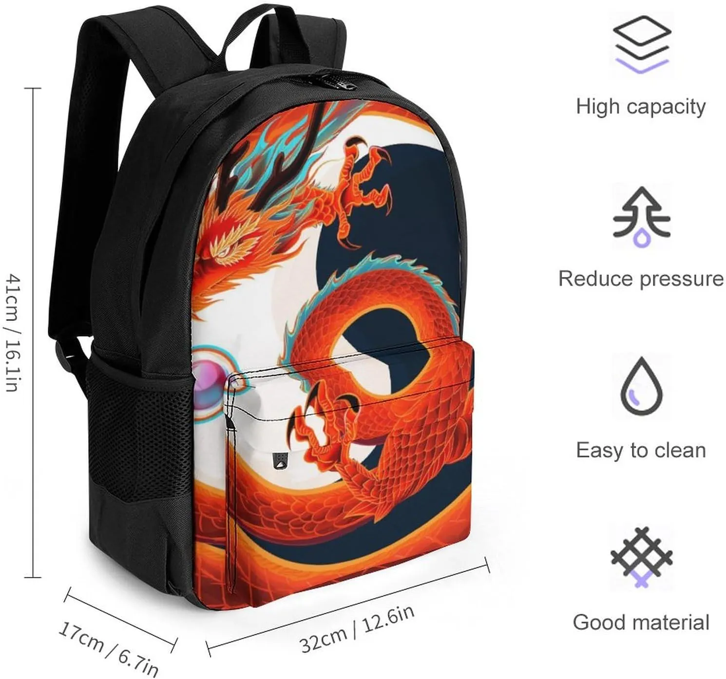 Polyester Daypack Backpack for Trekking Picnic Walking Cycling - Large Capacity Anti-Theft Multipurpose Shoulder Bag, Yin Yang Dragon Art Casual Daypack