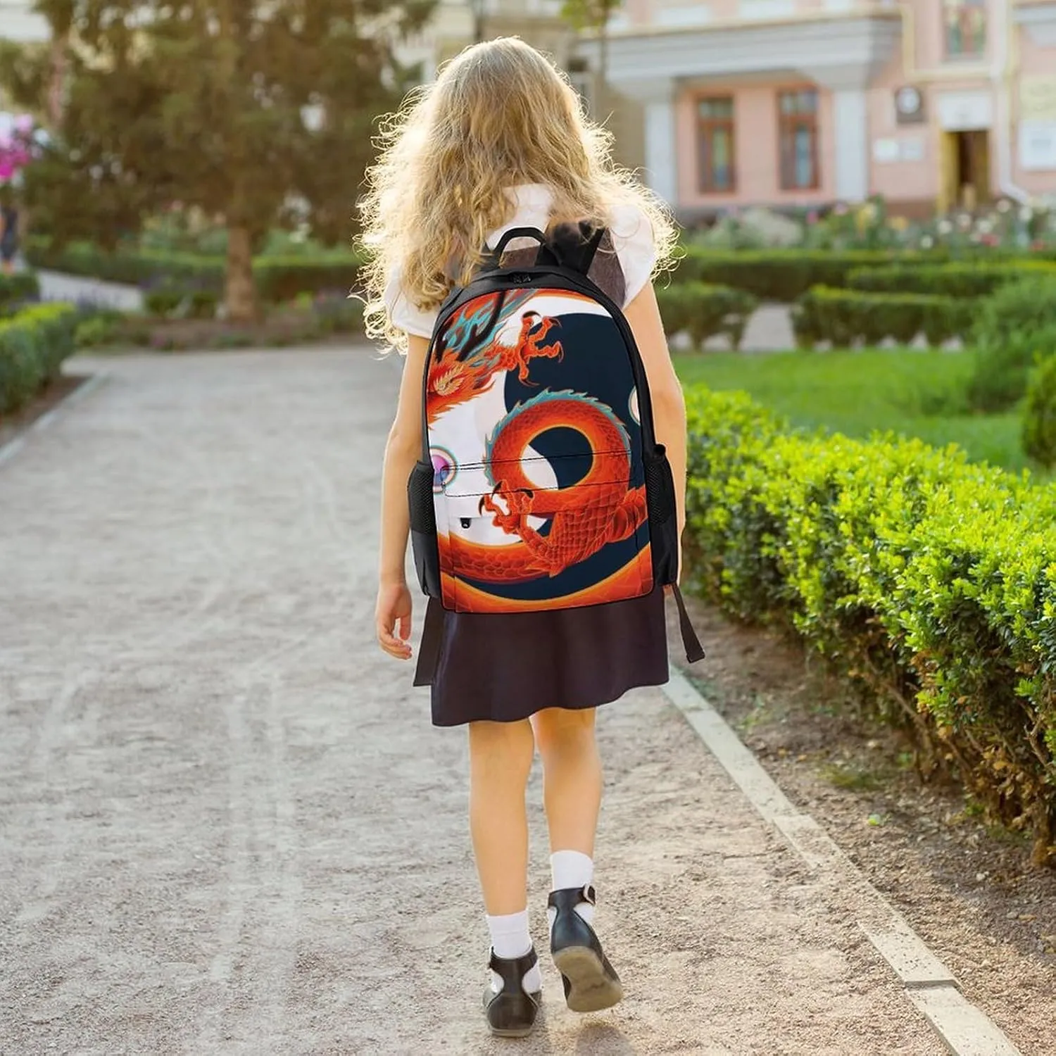 Polyester Daypack Backpack for Trekking Picnic Walking Cycling - Large Capacity Anti-Theft Multipurpose Shoulder Bag, Yin Yang Dragon Art Casual Daypack