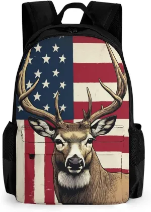 Polyester Daypack Bookbag for Gym Business Bicycle - Large Capacity Multipurpose Anti-Theft Carry On Bag, American Us Flag Hunting Camo Deer Travel Hiking Daypack