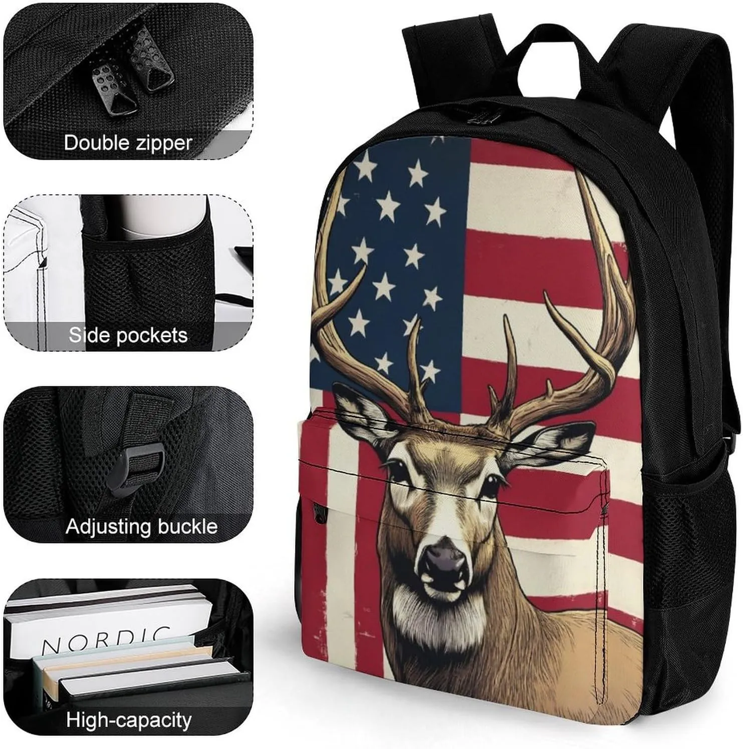 Polyester Daypack Bookbag for Gym Business Bicycle - Large Capacity Multipurpose Anti-Theft Carry On Bag, American Us Flag Hunting Camo Deer Travel Hiking Daypack