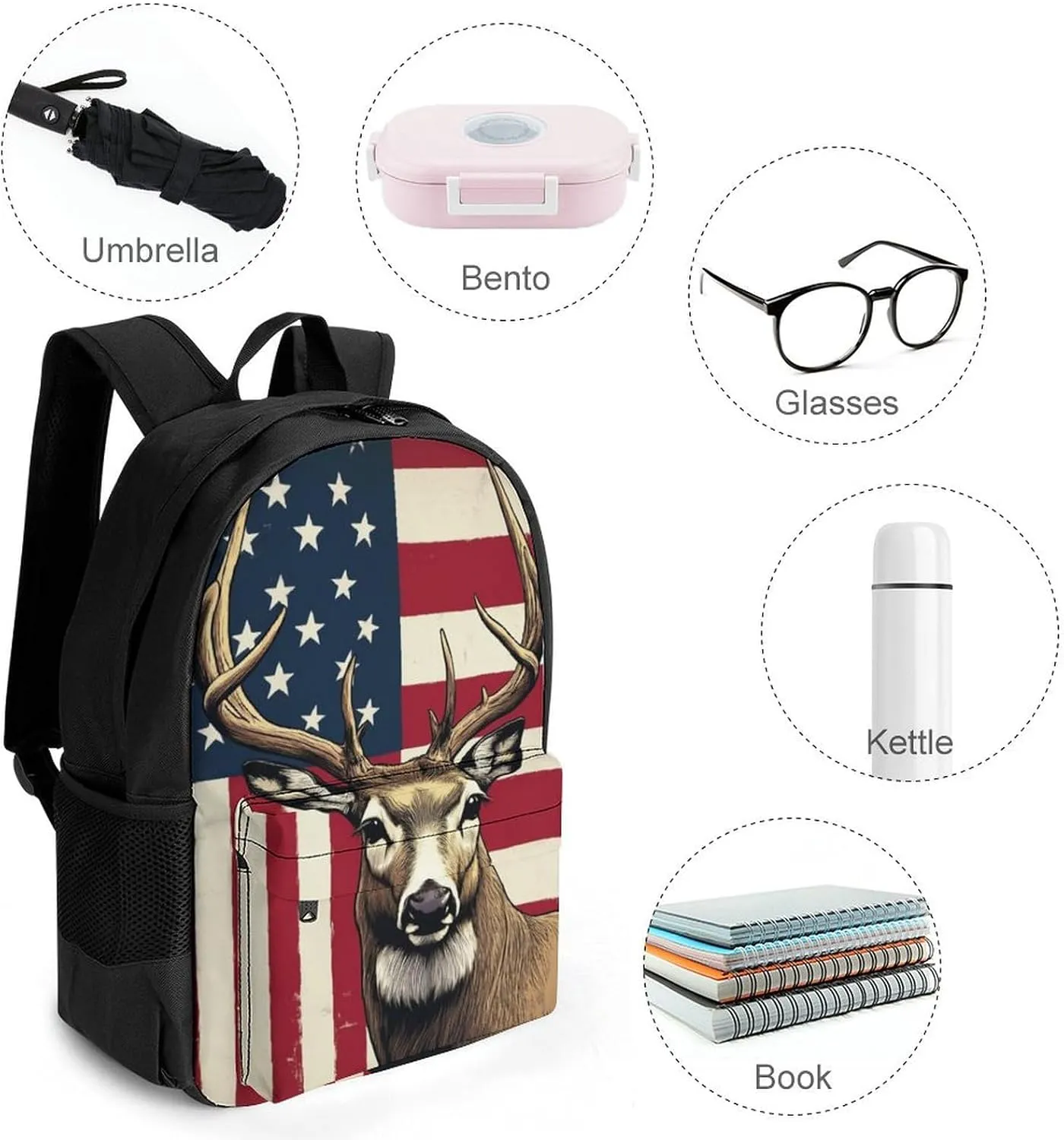 Polyester Daypack Bookbag for Gym Business Bicycle - Large Capacity Multipurpose Anti-Theft Carry On Bag, American Us Flag Hunting Camo Deer Travel Hiking Daypack
