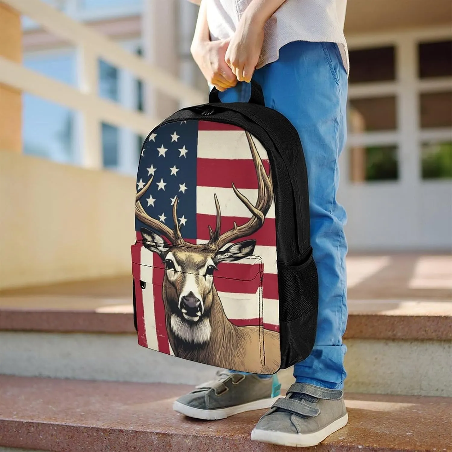 Polyester Daypack Bookbag for Gym Business Bicycle - Large Capacity Multipurpose Anti-Theft Carry On Bag, American Us Flag Hunting Camo Deer Travel Hiking Daypack