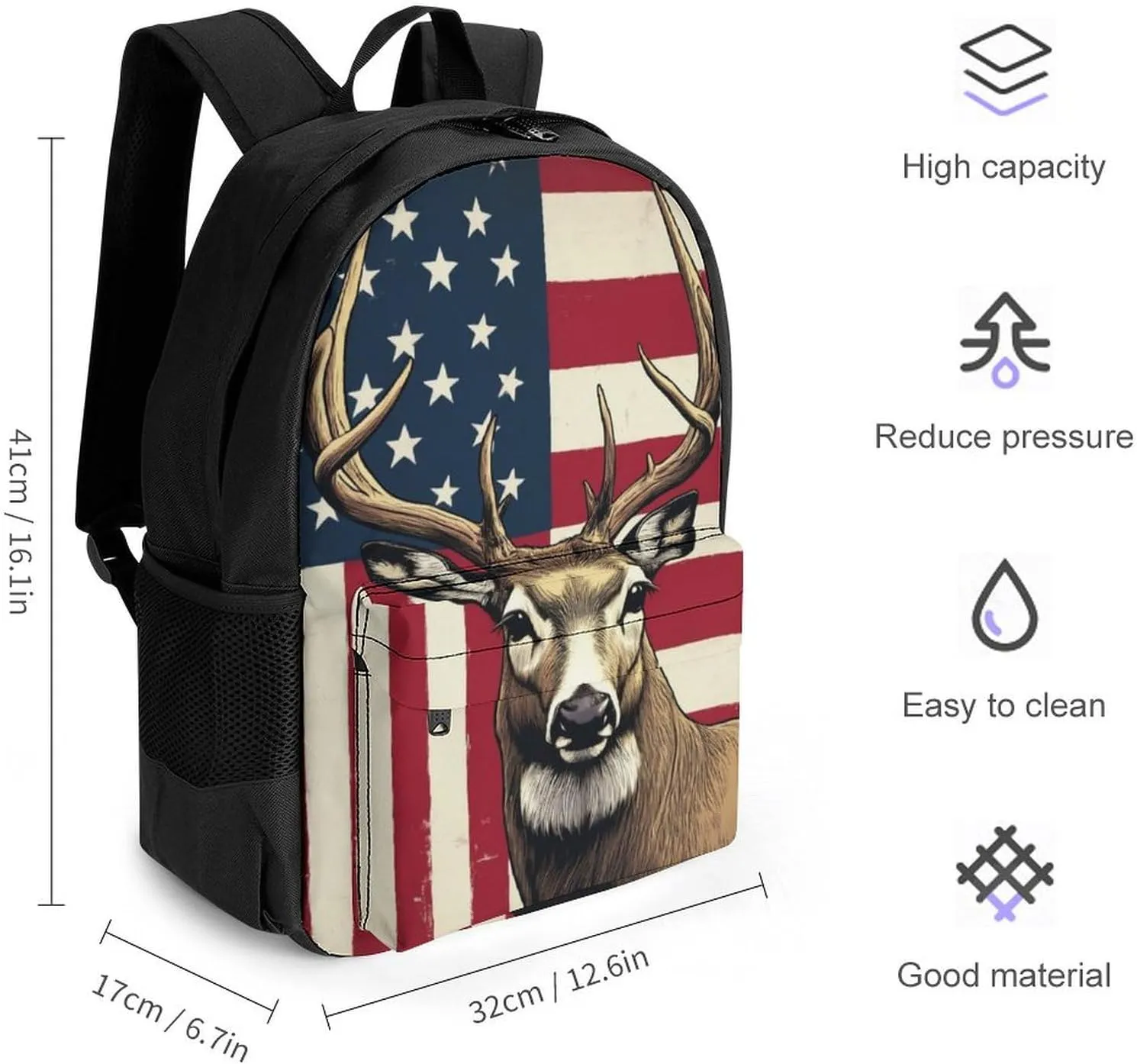 Polyester Daypack Bookbag for Gym Business Bicycle - Large Capacity Multipurpose Anti-Theft Carry On Bag, American Us Flag Hunting Camo Deer Travel Hiking Daypack