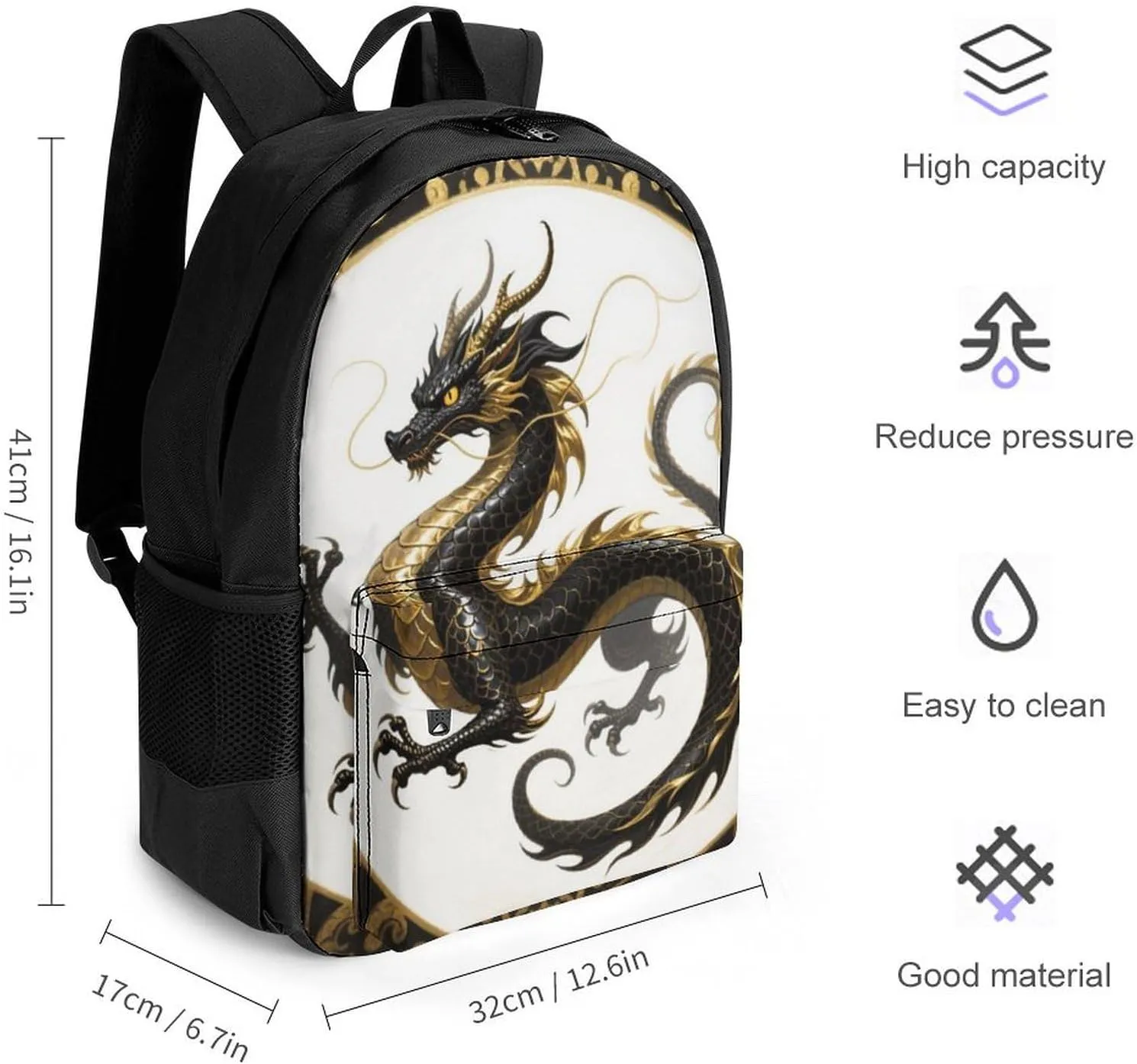 Polyester Daypack Bookbag for Gym Business Bicycle - Large Capacity Multipurpose Anti-Theft Carry On Bag, Chinese Dragons Art Travel Hiking Daypack