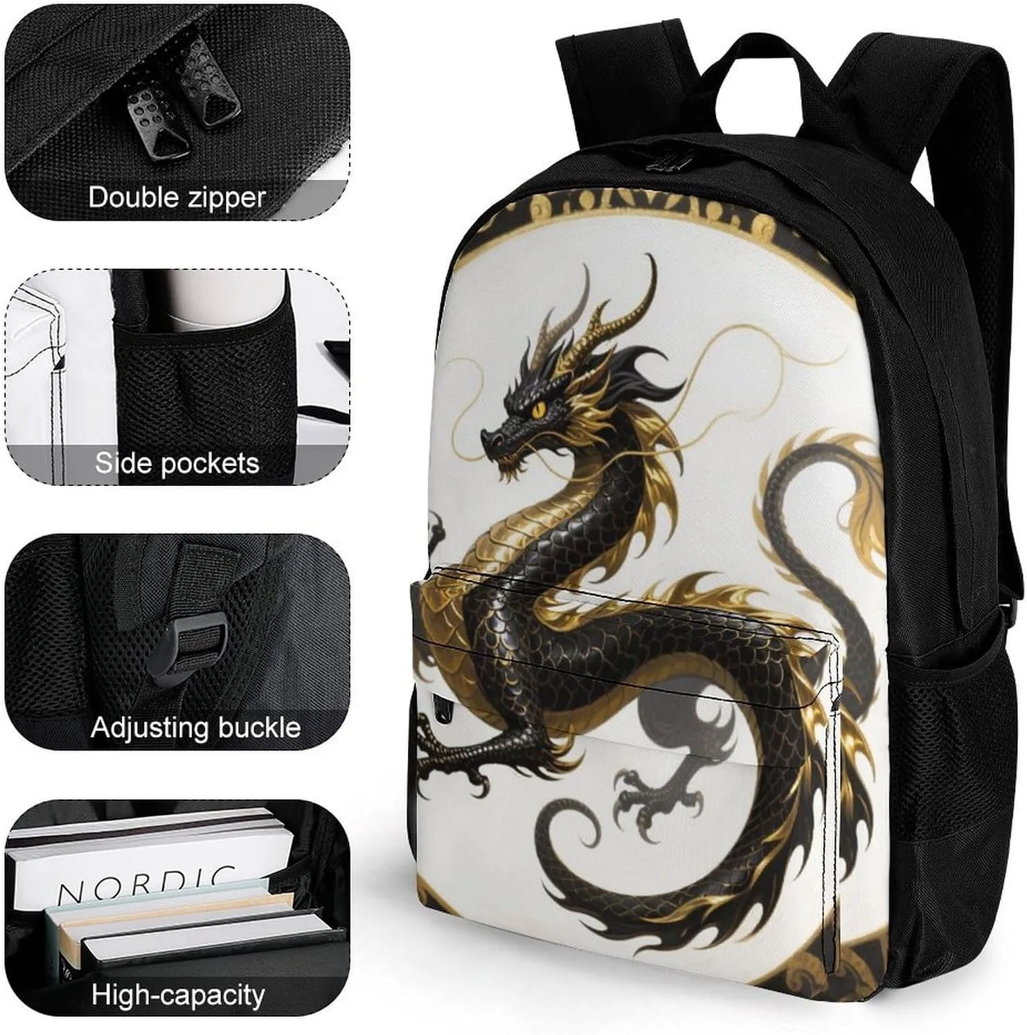 Polyester Daypack Bookbag for Gym Business Bicycle - Large Capacity Multipurpose Anti-Theft Carry On Bag, Chinese Dragons Art Travel Hiking Daypack