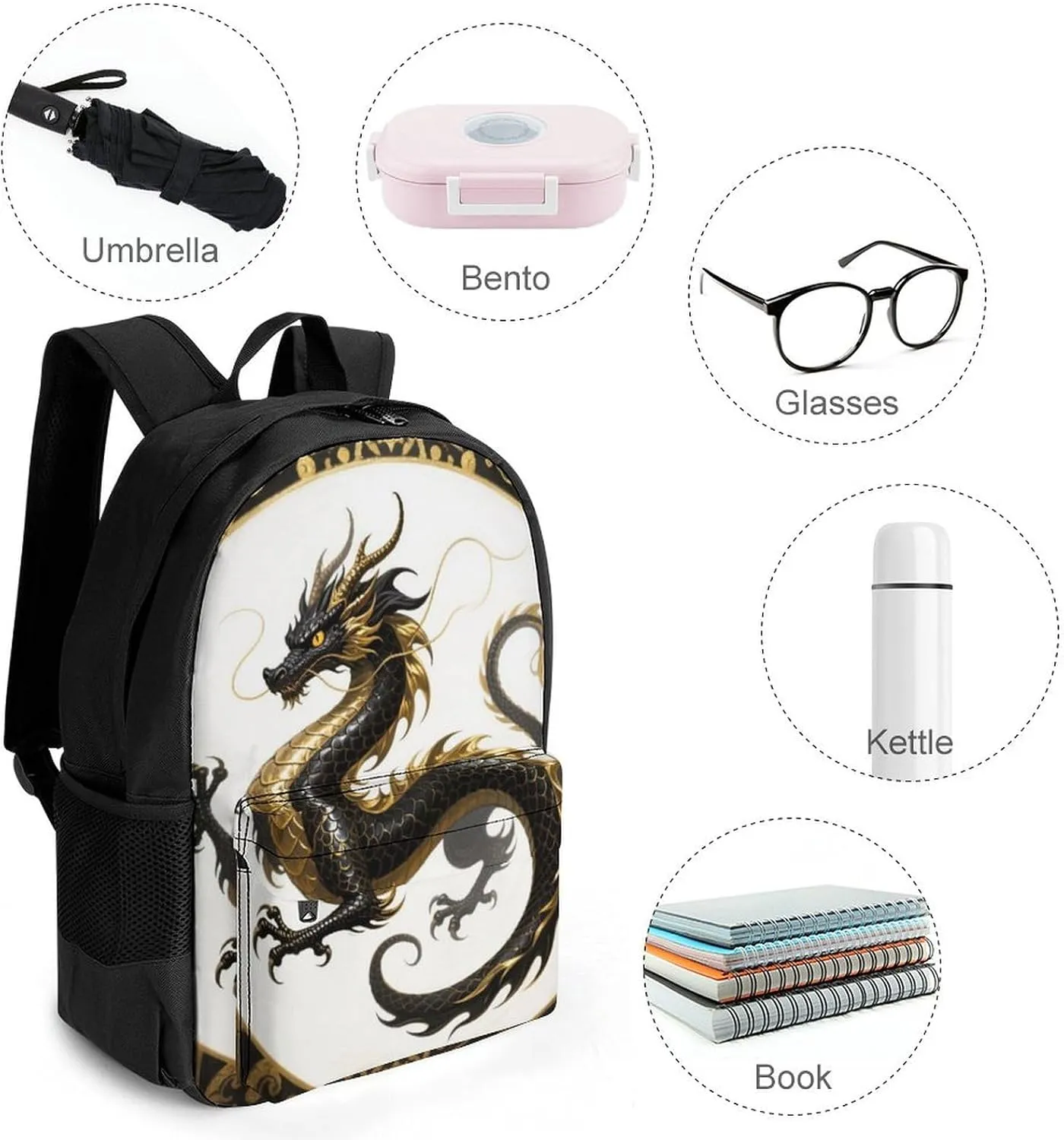 Polyester Daypack Bookbag for Gym Business Bicycle - Large Capacity Multipurpose Anti-Theft Carry On Bag, Chinese Dragons Art Travel Hiking Daypack