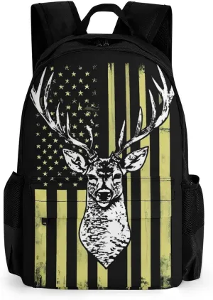 Polyester Daypack for Camping Travel Walking Cycling - Big Capacity Anti-Theft Multipurpose Bookbag, Camouflage American Flag Hunting Camo Deer Black Camping Outdoor Backpack