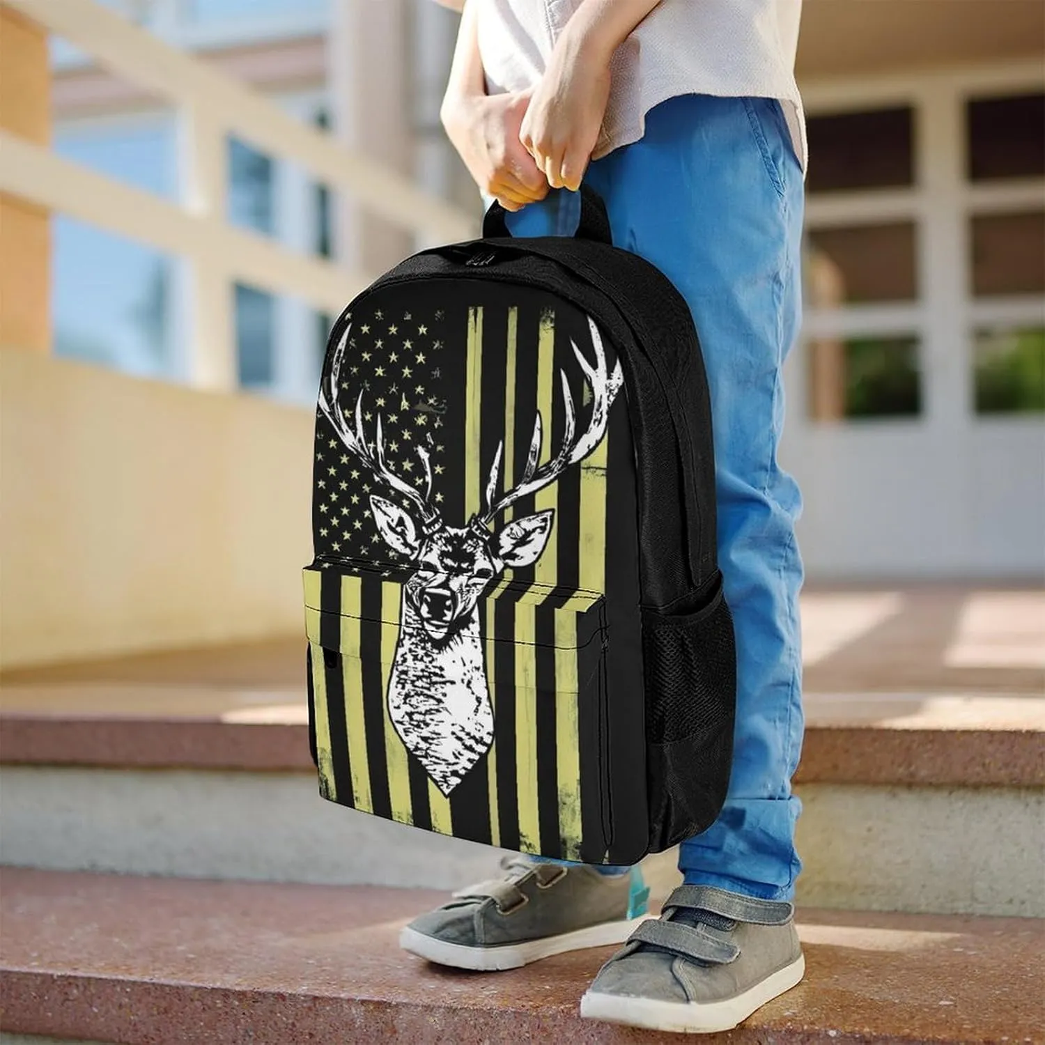Polyester Daypack for Camping Travel Walking Cycling - Big Capacity Anti-Theft Multipurpose Bookbag, Camouflage American Flag Hunting Camo Deer Black Camping Outdoor Backpack