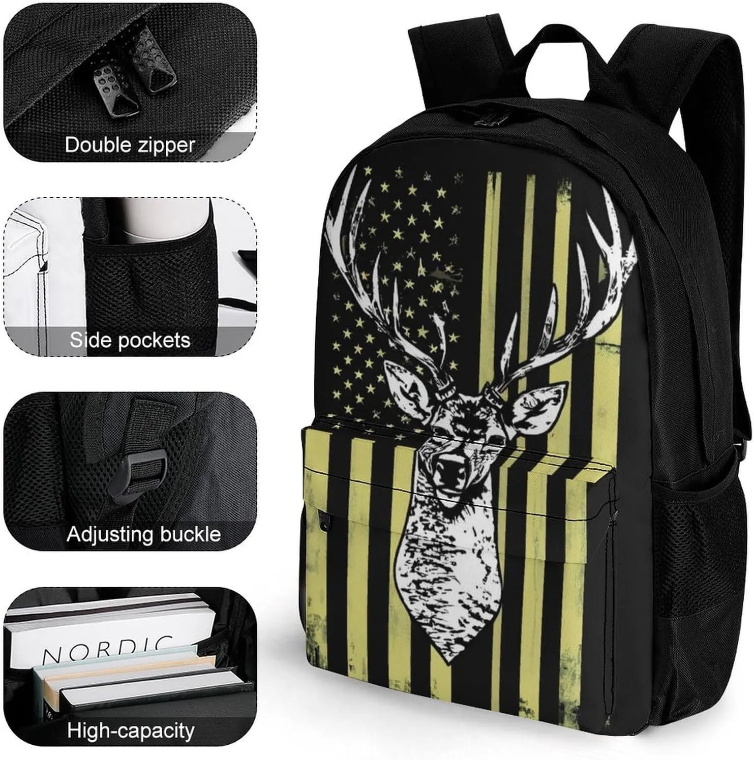 Polyester Daypack for Camping Travel Walking Cycling - Big Capacity Anti-Theft Multipurpose Bookbag, Camouflage American Flag Hunting Camo Deer Black Camping Outdoor Backpack