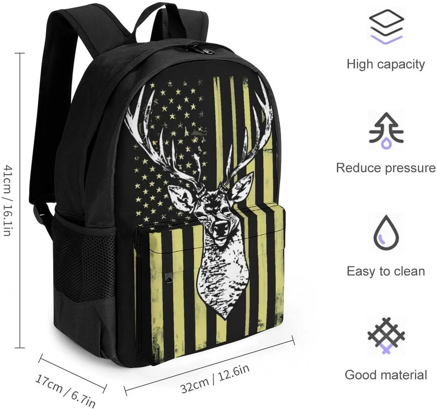 Polyester Daypack for Camping Travel Walking Cycling - Big Capacity Anti-Theft Multipurpose Bookbag, Camouflage American Flag Hunting Camo Deer Black Camping Outdoor Backpack