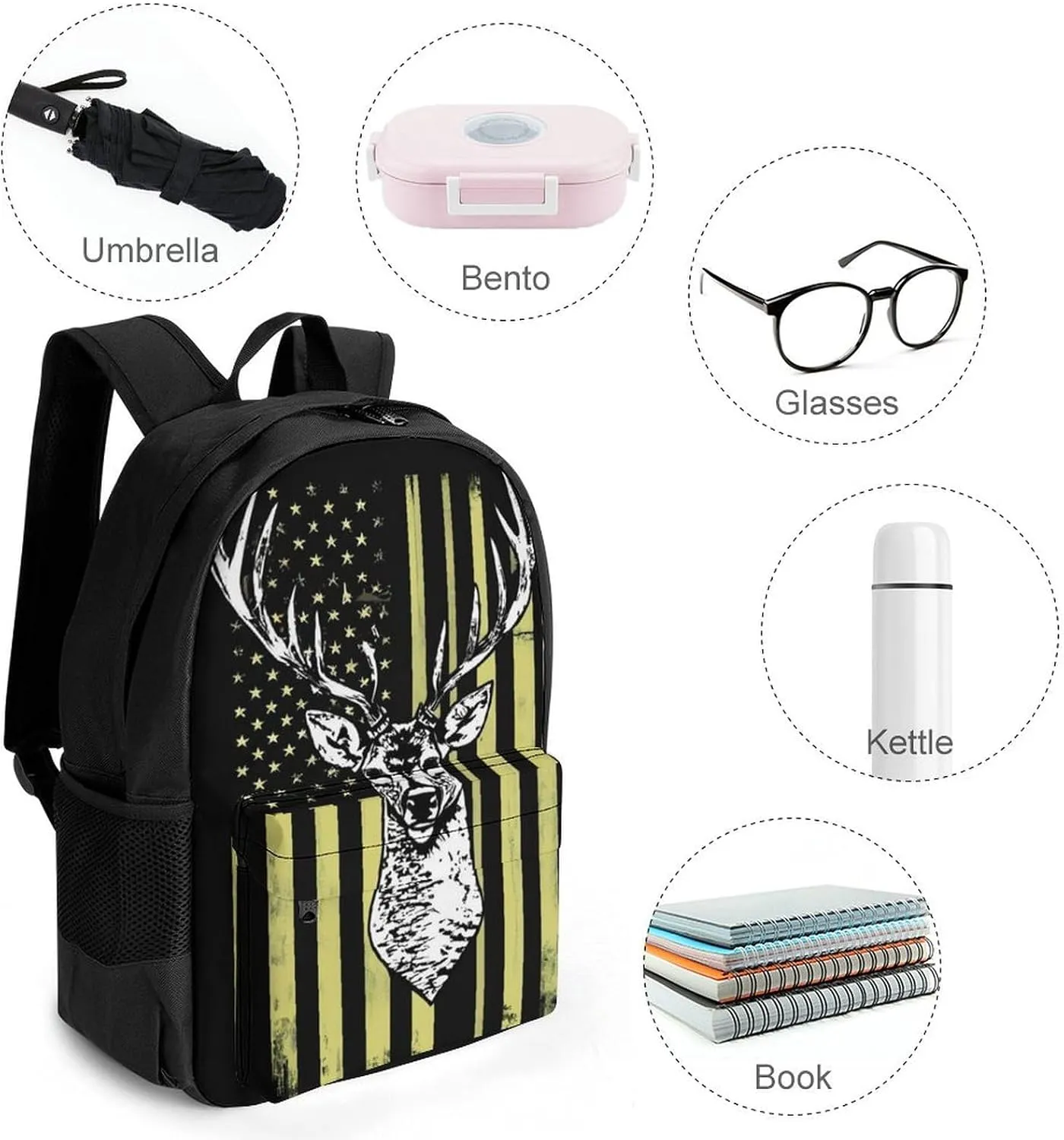 Polyester Daypack for Camping Travel Walking Cycling - Big Capacity Anti-Theft Multipurpose Bookbag, Camouflage American Flag Hunting Camo Deer Black Camping Outdoor Backpack