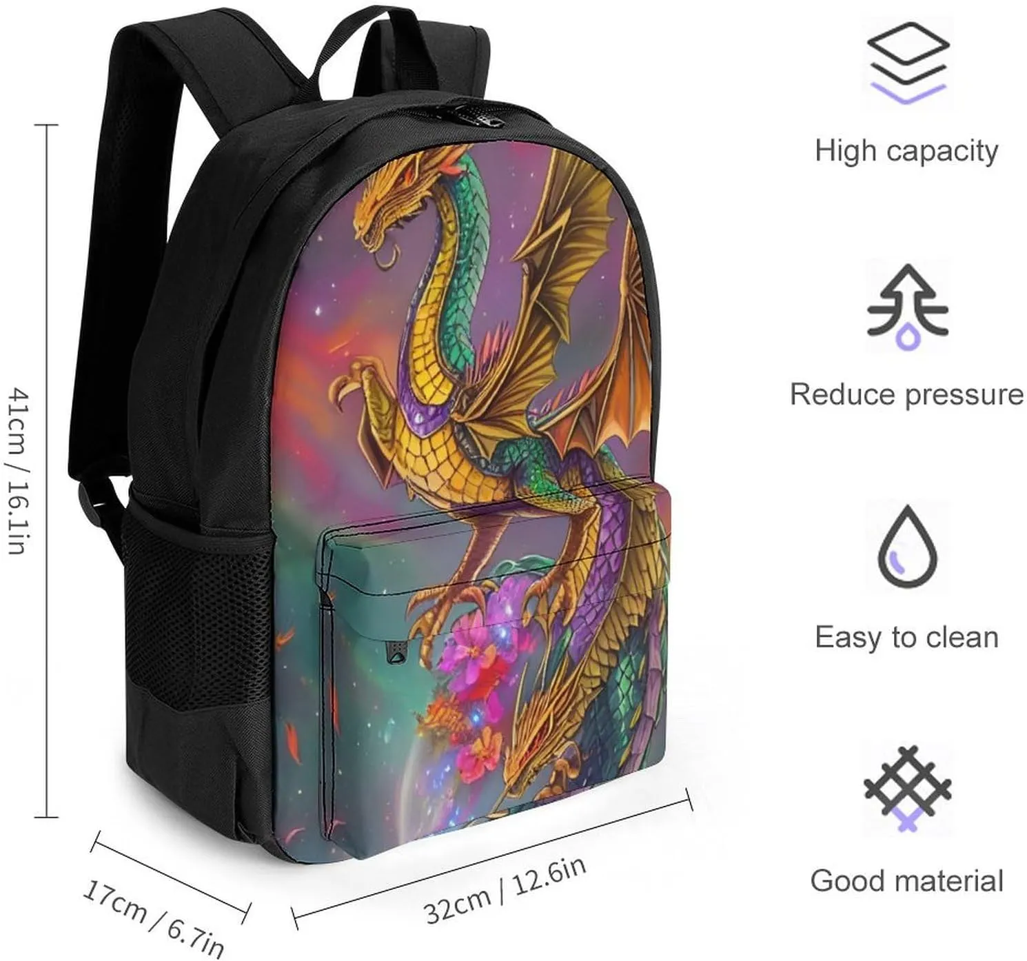 Polyester Daypack for Camping Travel Walking Cycling - Big Capacity Anti-Theft Multipurpose Bookbag, Humming Dragon Art Camping Outdoor Backpack