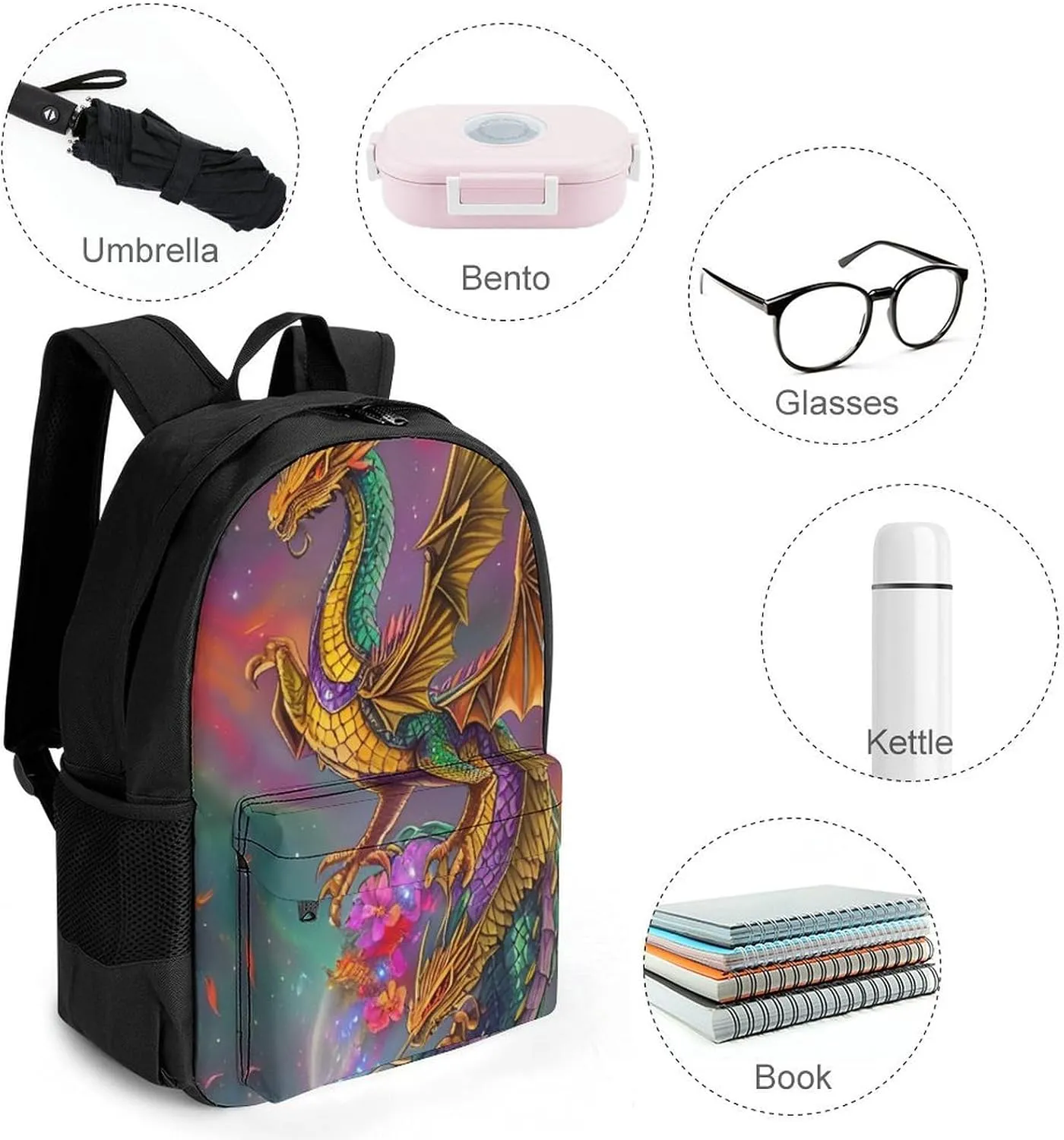 Polyester Daypack for Camping Travel Walking Cycling - Big Capacity Anti-Theft Multipurpose Bookbag, Humming Dragon Art Camping Outdoor Backpack