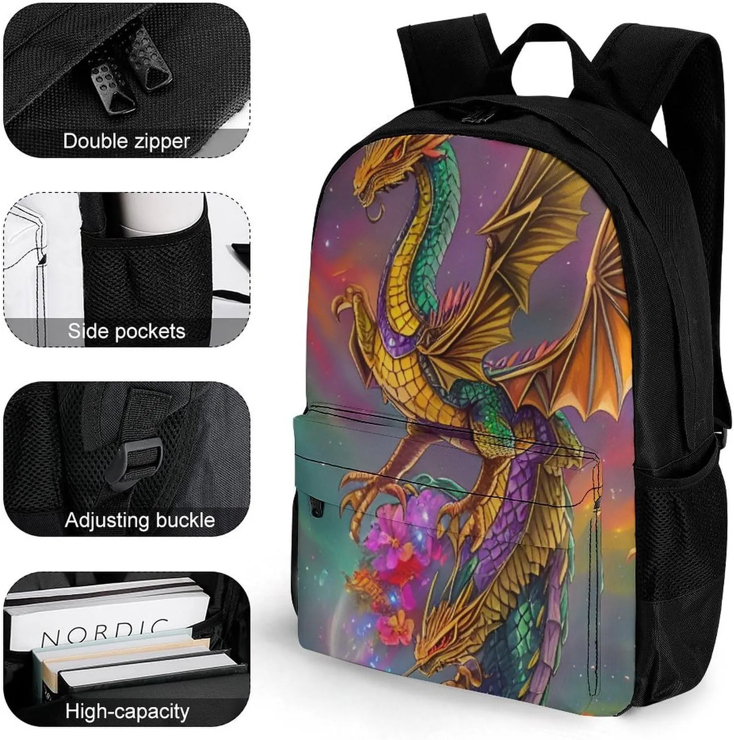 Polyester Daypack for Camping Travel Walking Cycling - Big Capacity Anti-Theft Multipurpose Bookbag, Humming Dragon Art Camping Outdoor Backpack