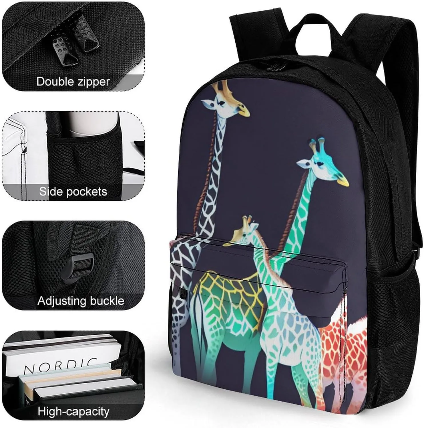 Polyester Daypack for Hiking Work Running - Big Capacity Anti-Theft Multipurpose Shoulder Bag, Colorful Giraffe Art Travel and Sport Backpack Rucksack