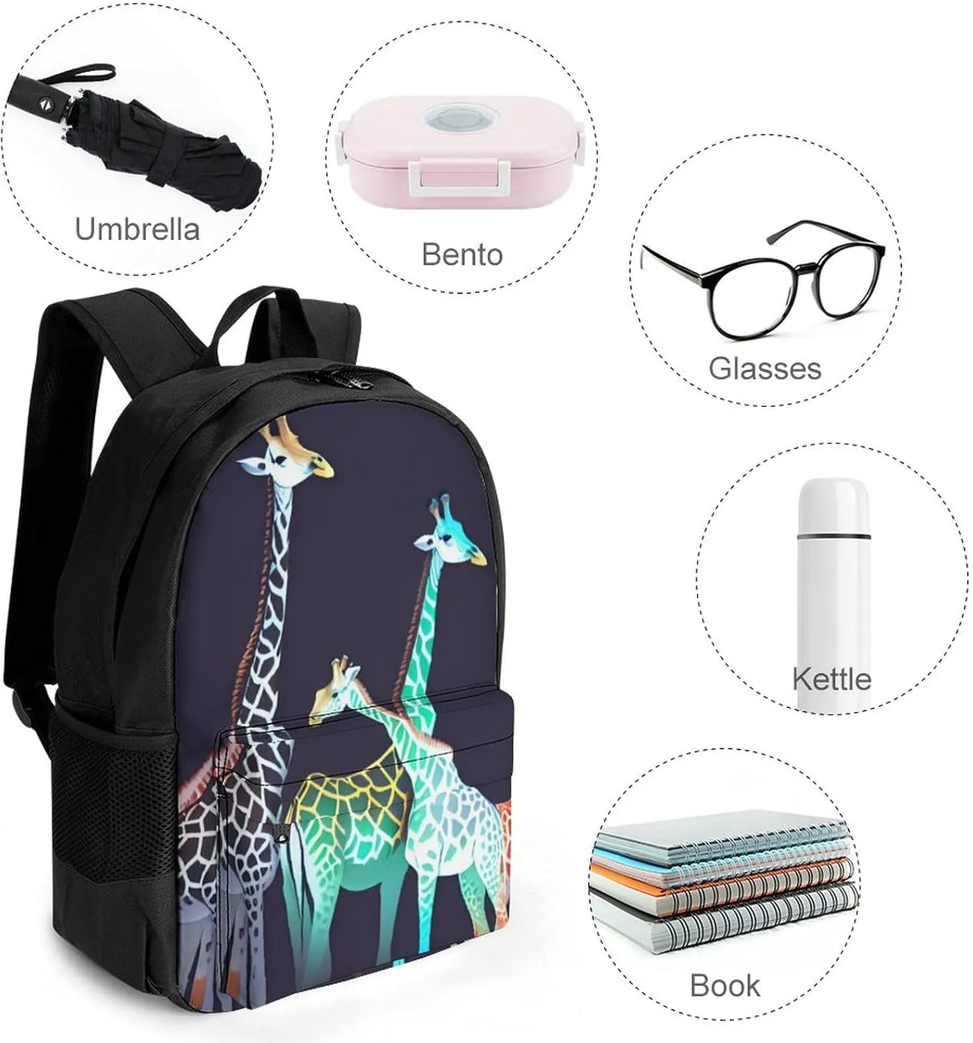 Polyester Daypack for Hiking Work Running - Big Capacity Anti-Theft Multipurpose Shoulder Bag, Colorful Giraffe Art Travel and Sport Backpack Rucksack
