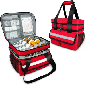 Portable Pill Bottle Organizer Bag, Double Layers Medicine Organizer Storage Bag with Removable Dividers, Travel Medication Bag for Prescription Bottles and Medical Supplies,Red(Bag Only)