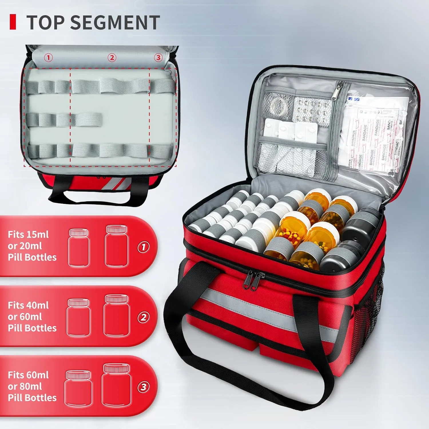 Portable Pill Bottle Organizer Bag, Double Layers Medicine Organizer Storage Bag with Removable Dividers, Travel Medication Bag for Prescription Bottles and Medical Supplies,Red(Bag Only)