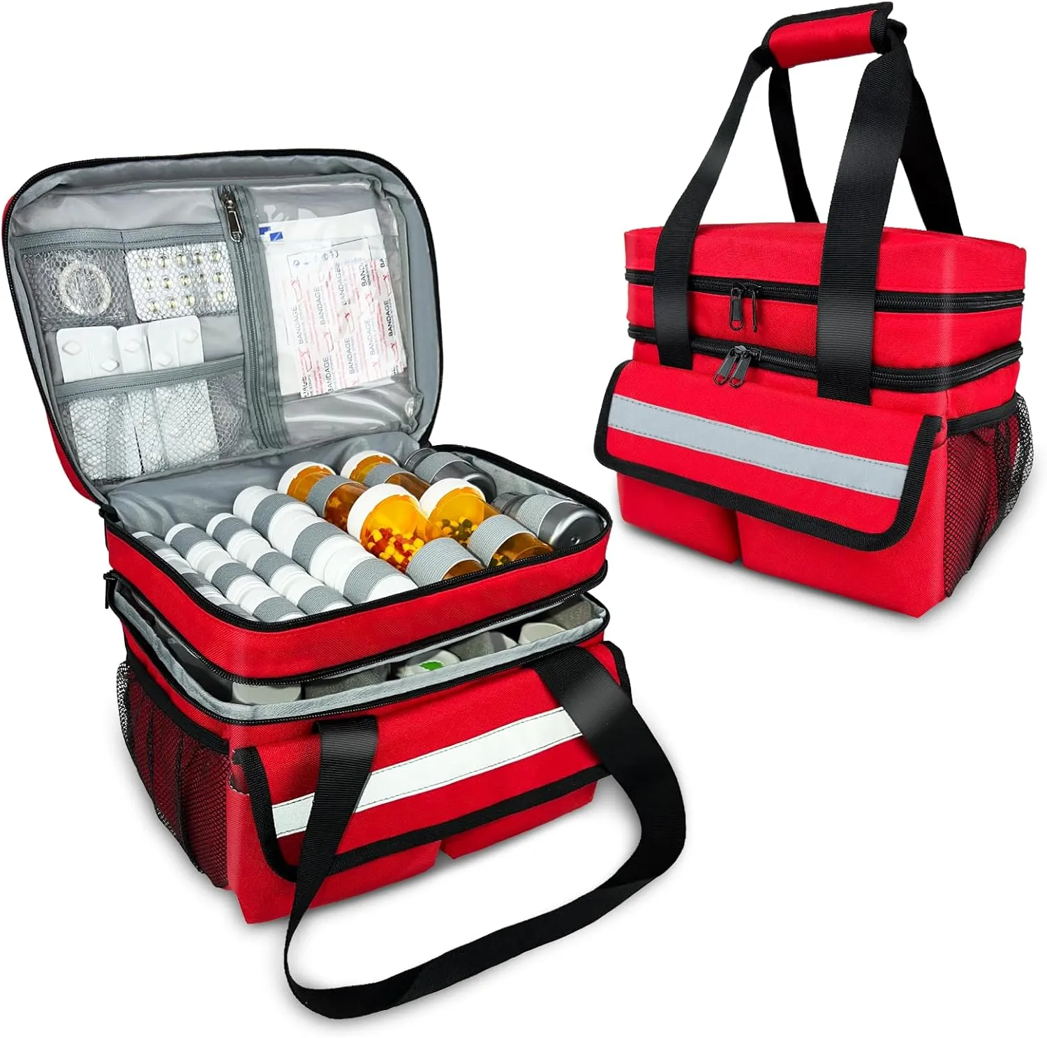 Portable Pill Bottle Organizer Bag, Double Layers Medicine Organizer Storage Bag with Removable Dividers, Travel Medication Bag for Prescription Bottles and Medical Supplies,Red(Bag Only)