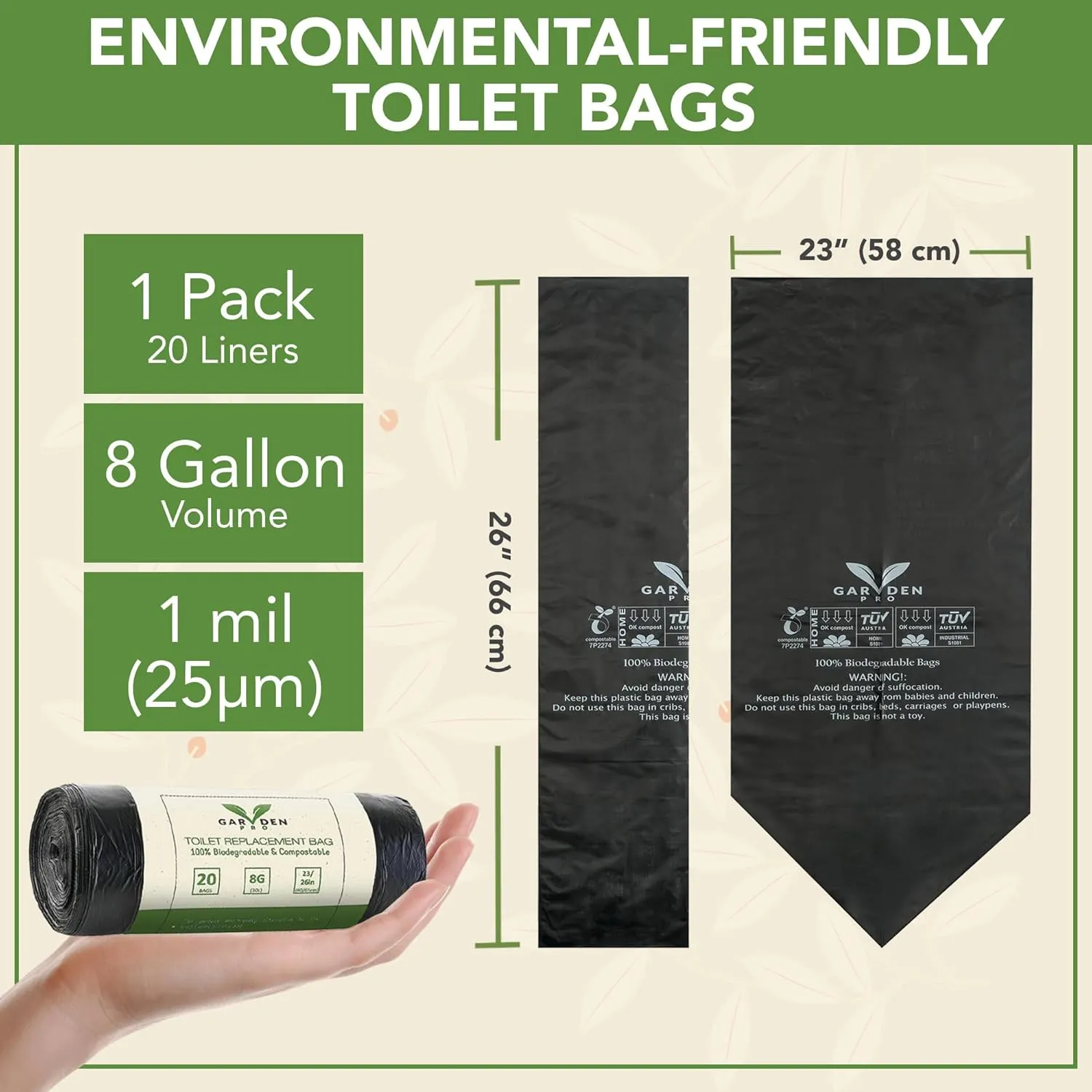 Portable Toilet Replacement Bags | 20 Liners, 8 Gallon 100% Compostable for Camping | OK Compost Home Certified, Plastic Free