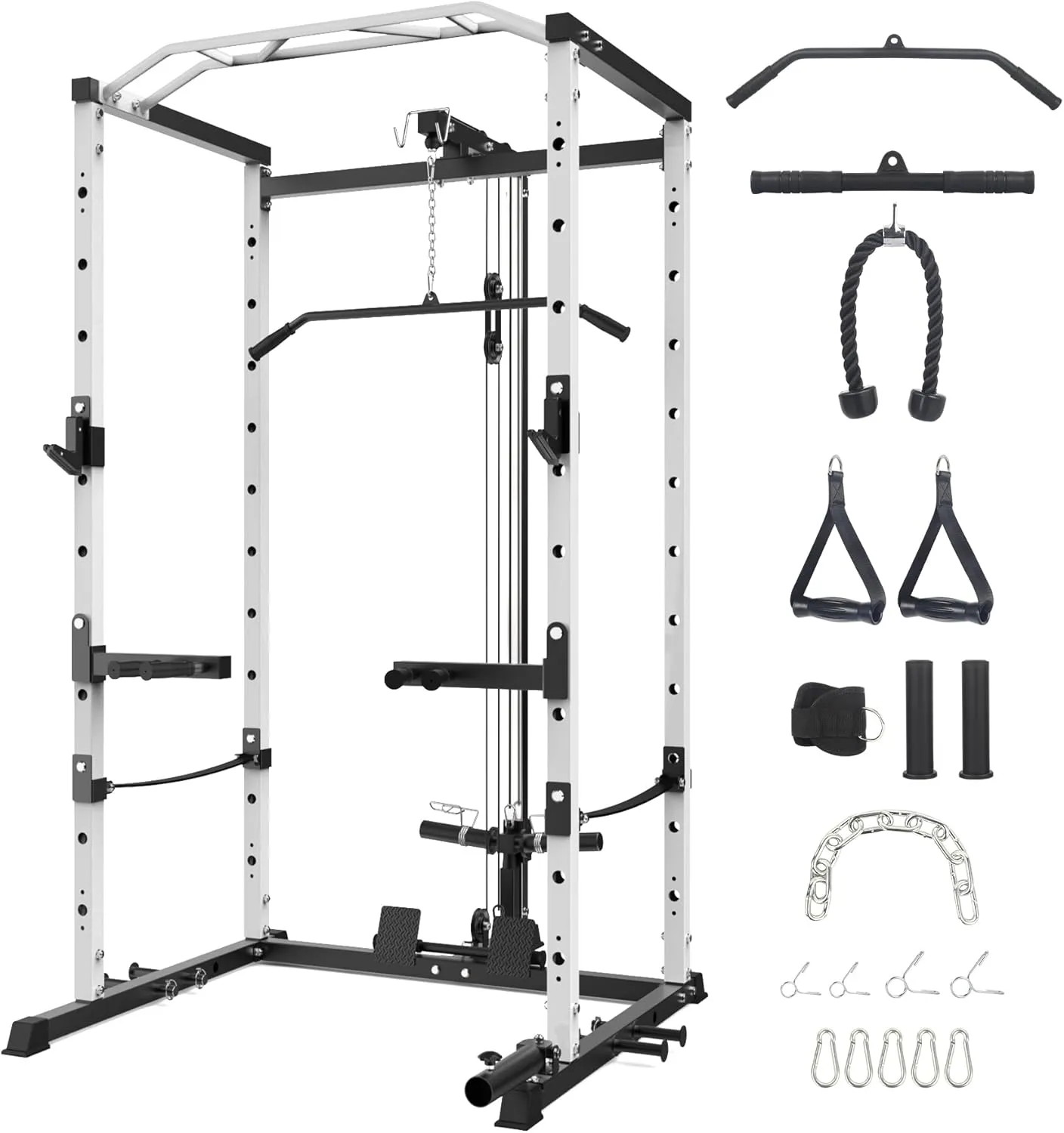 Power Cage,1600LBS Power Cage Squat Rack,Squat Machine with Dip Bar,Workout Equipment Home Gym with Cable Pulley System,Stainless Steel Workout Equipment Weight Rack for Home Gym