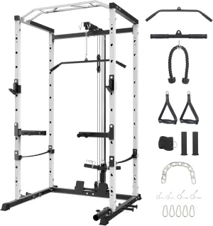 Power Cage,1600LBS Power Cage Squat Rack,Squat Machine with Dip Bar,Workout Equipment Home Gym with Cable Pulley System,Stainless Steel Workout Equipment Weight Rack for Home Gym