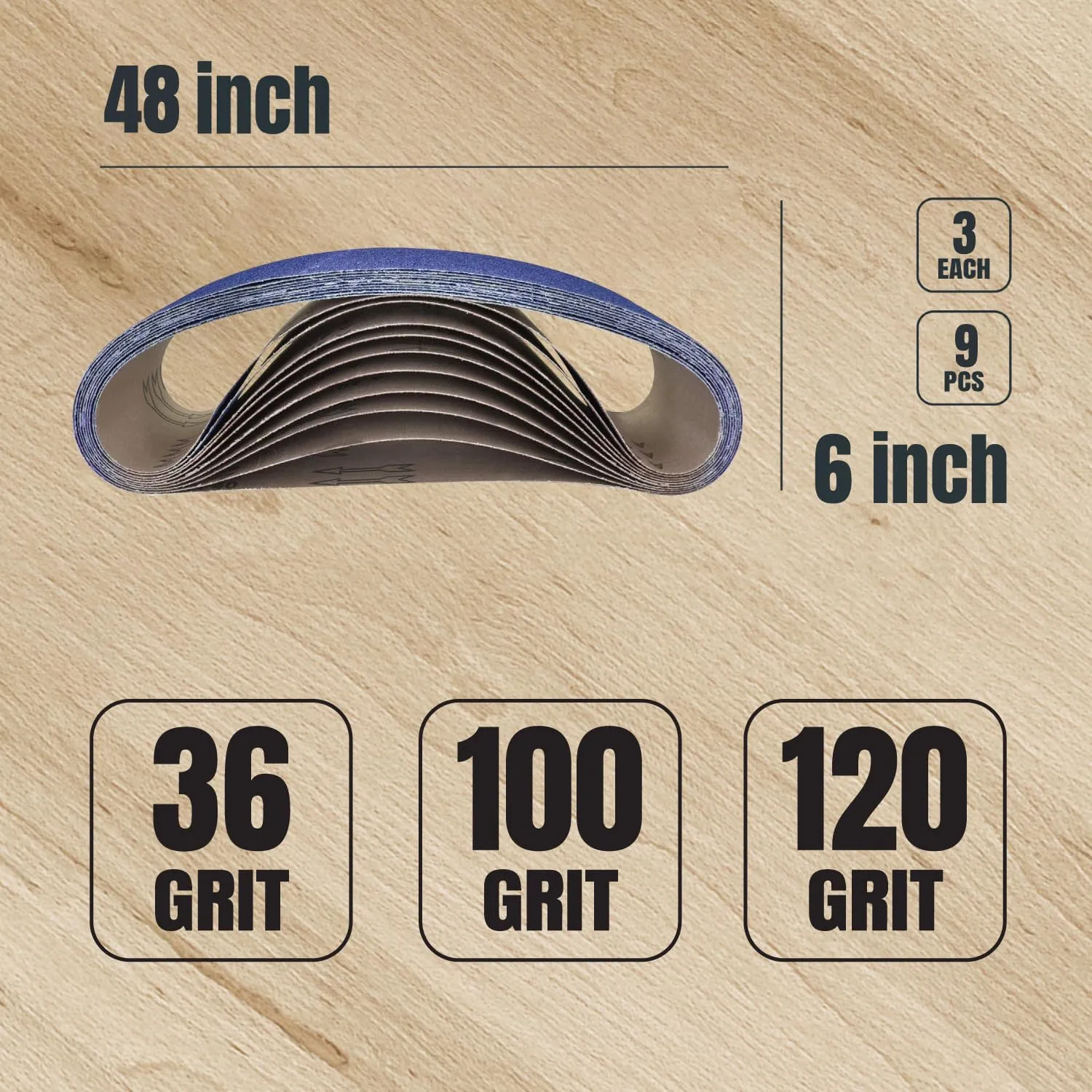 POWERTEC 6 x 48 Inch Zirconia Sanding Belts, 3 Each of 36/100/120 Grits, 9PK, Belt Sander Sanding Belt Assortment for Bench Sander, Belt and Disc sander, Woodworking, Metal Grinding (464801Z)