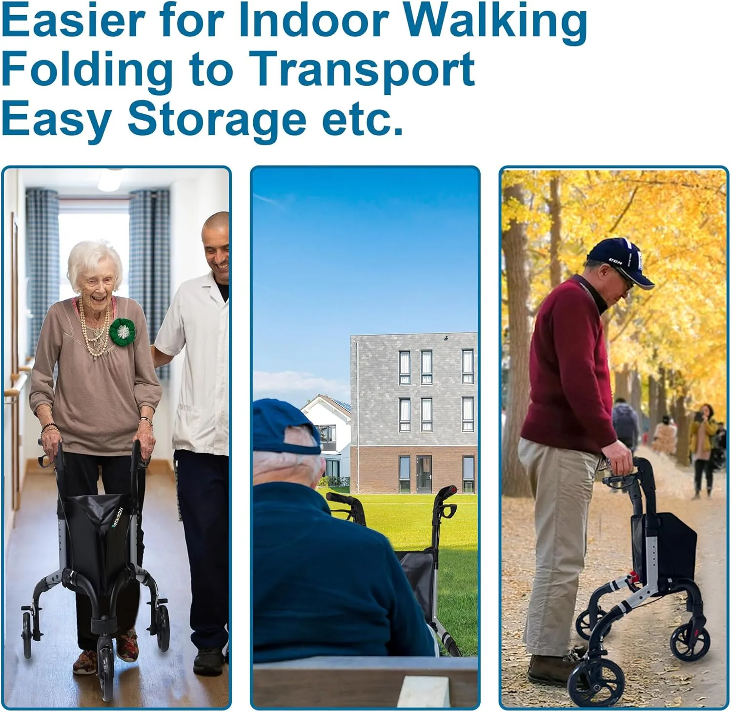 Premium 3 Wheel Rollator Walker for Seniors, Lightweight Foldable Elderly Three Wheeled Rollator with Storage Bag, Aluminum Mobility Aid Rolling Walker (Gray)