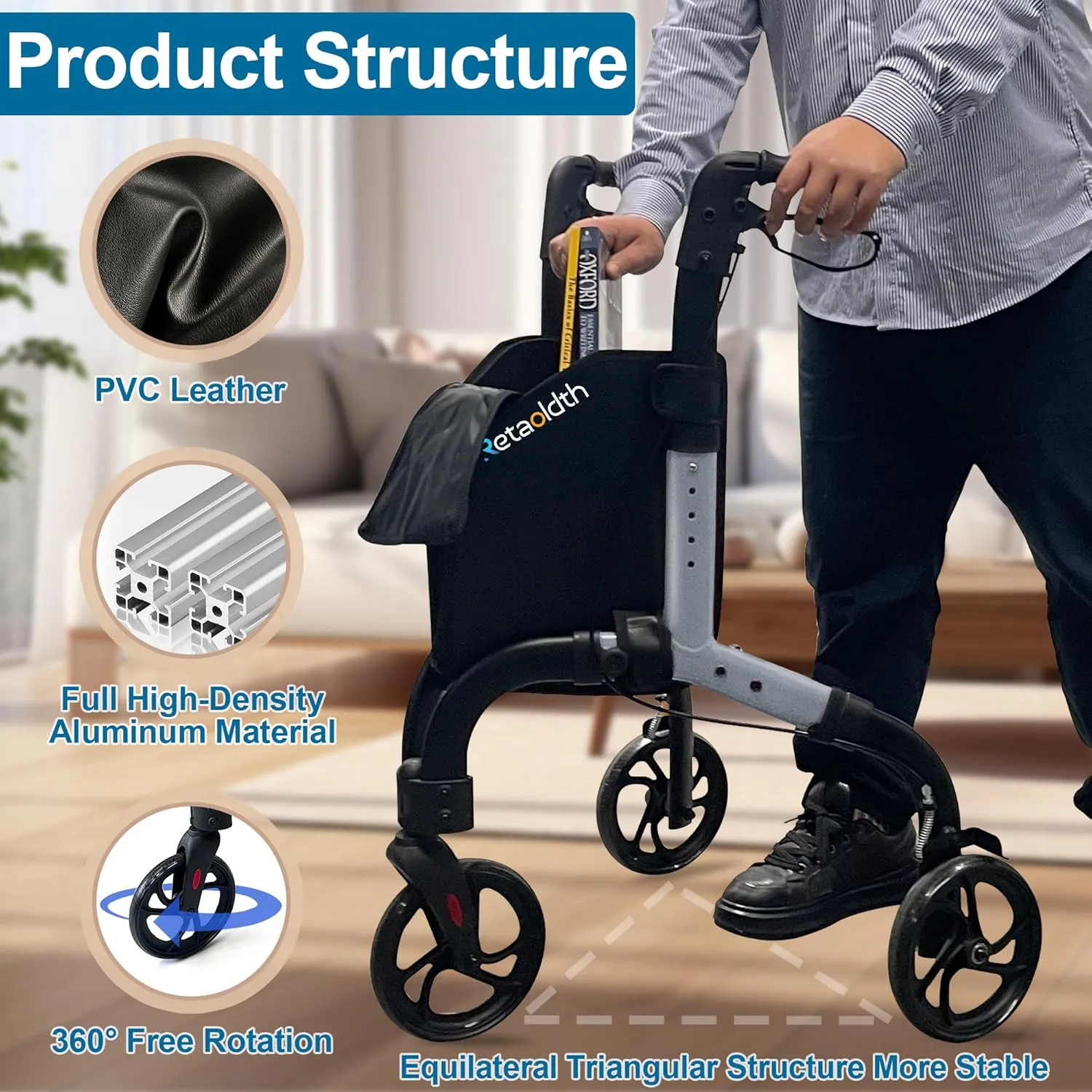 Premium 3 Wheel Rollator Walker for Seniors, Lightweight Foldable Elderly Three Wheeled Rollator with Storage Bag, Aluminum Mobility Aid Rolling Walker (Gray)