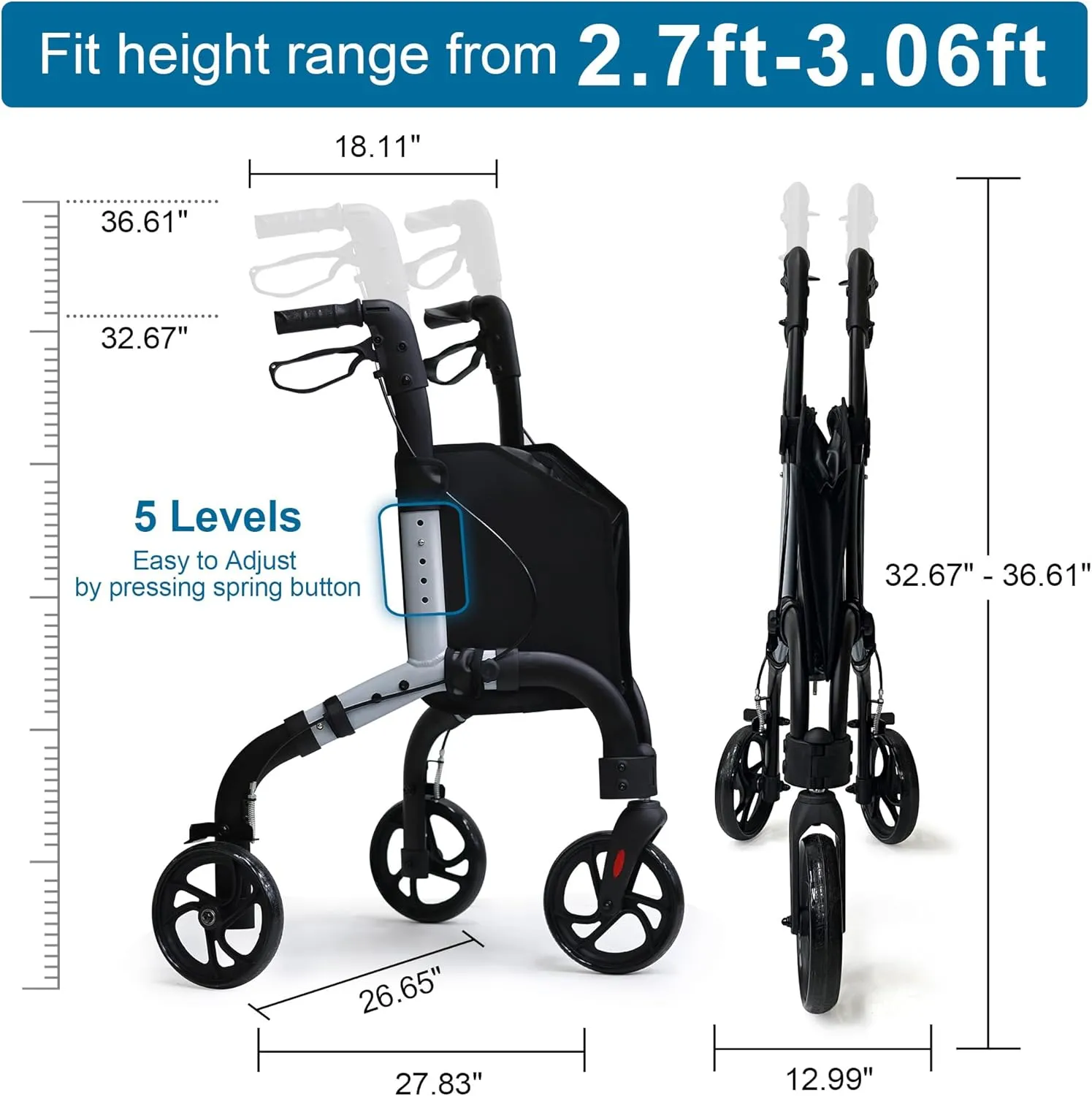 Premium 3 Wheel Rollator Walker for Seniors, Lightweight Foldable Elderly Three Wheeled Rollator with Storage Bag, Aluminum Mobility Aid Rolling Walker (Gray)