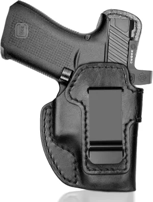 Premium IWB Leather Holster for Glock 43, Glock 43X, Glock 43X MOS, Concealed Carry Holster with Optic Cut, Steel Clip Fits 1.75" Belt, G43 Inside Waistband Holster, Stealth Black, Right/Left Hand