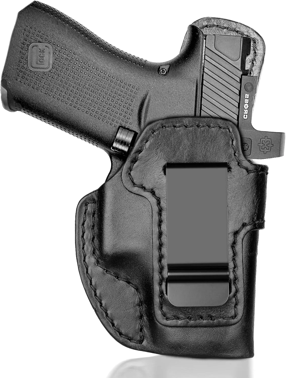 Premium IWB Leather Holster for Glock 43, Glock 43X, Glock 43X MOS, Concealed Carry Holster with Optic Cut, Steel Clip Fits 1.75" Belt, G43 Inside Waistband Holster, Stealth Black, Right/Left Hand