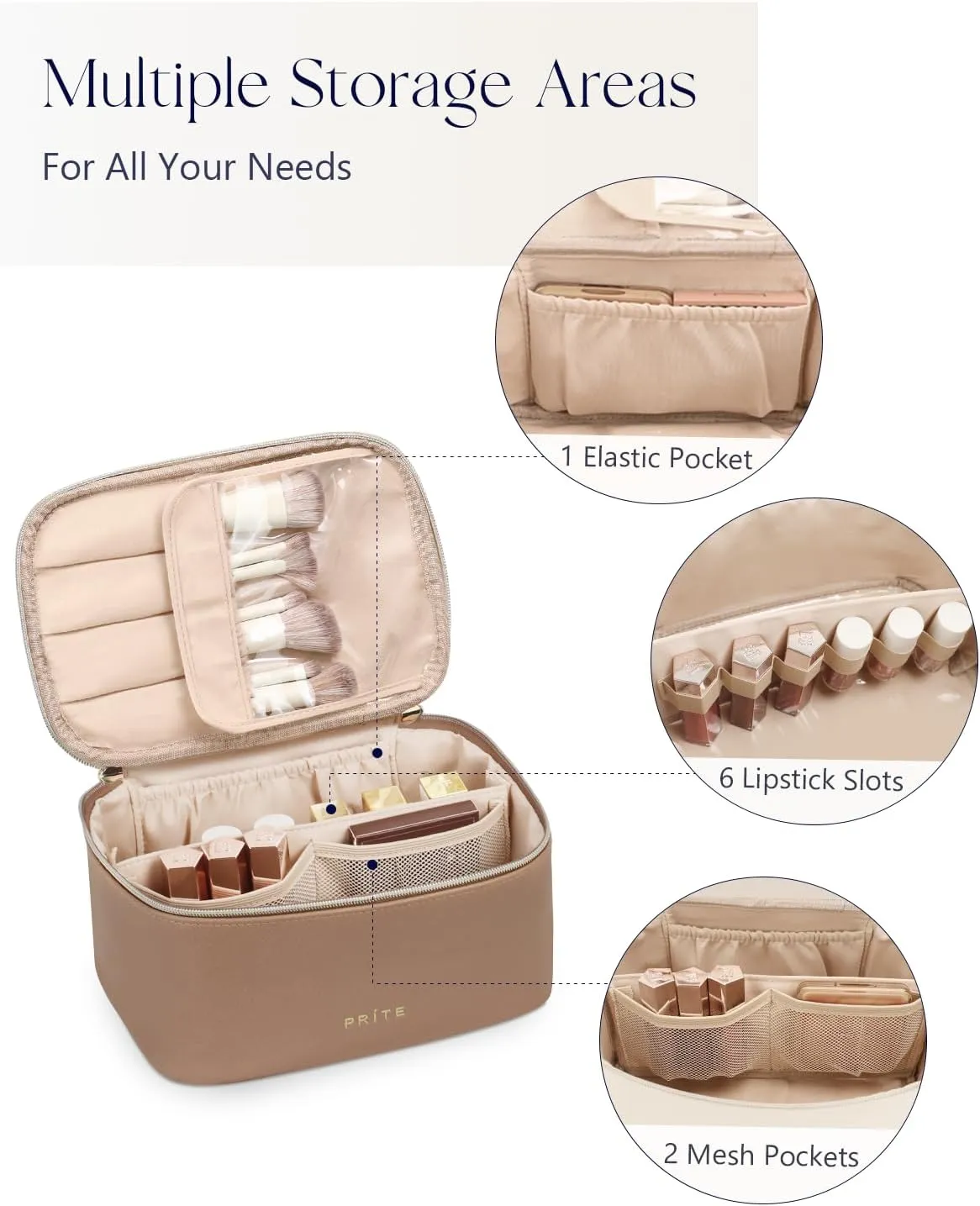 Prite Makeup Bag, Large Capacity Portable Travel Cosmetic Bag, Waterproof Makeup Organizer for Women with Handle and Divider(Brown)