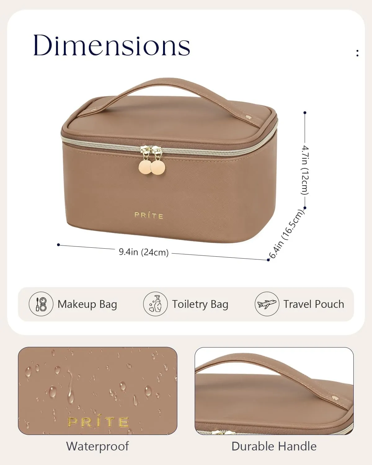 Prite Makeup Bag, Large Capacity Portable Travel Cosmetic Bag, Waterproof Makeup Organizer for Women with Handle and Divider(Brown)