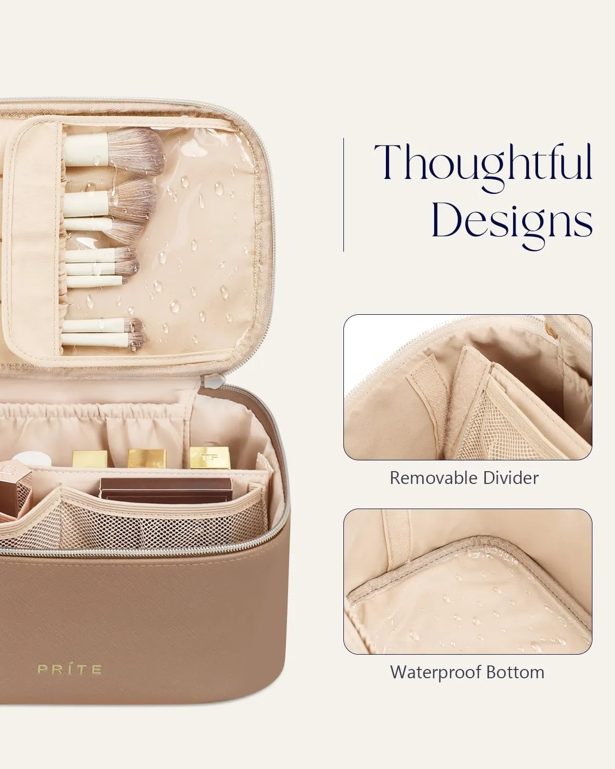 Prite Makeup Bag, Large Capacity Portable Travel Cosmetic Bag, Waterproof Makeup Organizer for Women with Handle and Divider(Brown)