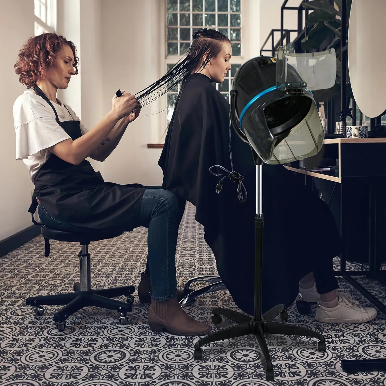 Professional Height Adjustable Hair Dryer Hooded, Floor Standing Bonnet Hair Dryer, Stand Up Rolling Base w/Wheels for Beauty Salon Equipment Home Spa, Black